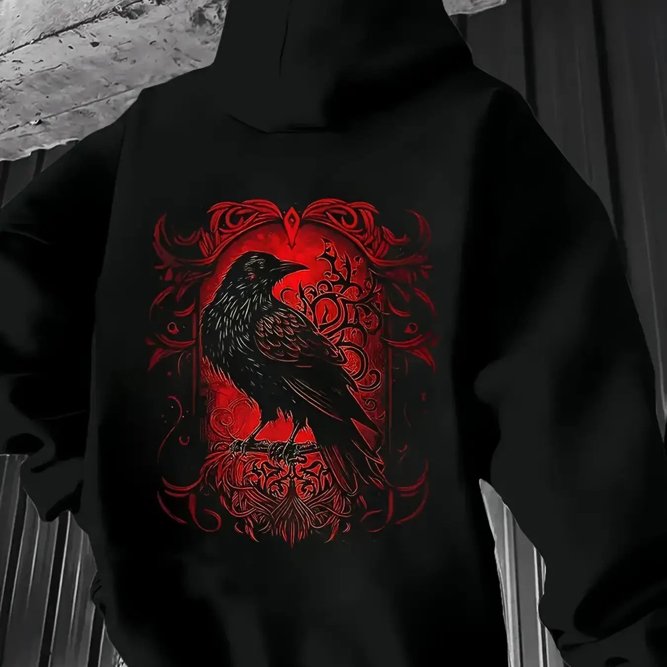 Image of Men's & Women's Gothic Hooded Sweater - Crow Print Pullover, Oversized Loose Sweater Hoodie With Gothic Lettering & Ornate / For Halloween Costume, Casual Wear, Machine Washable (unisex)