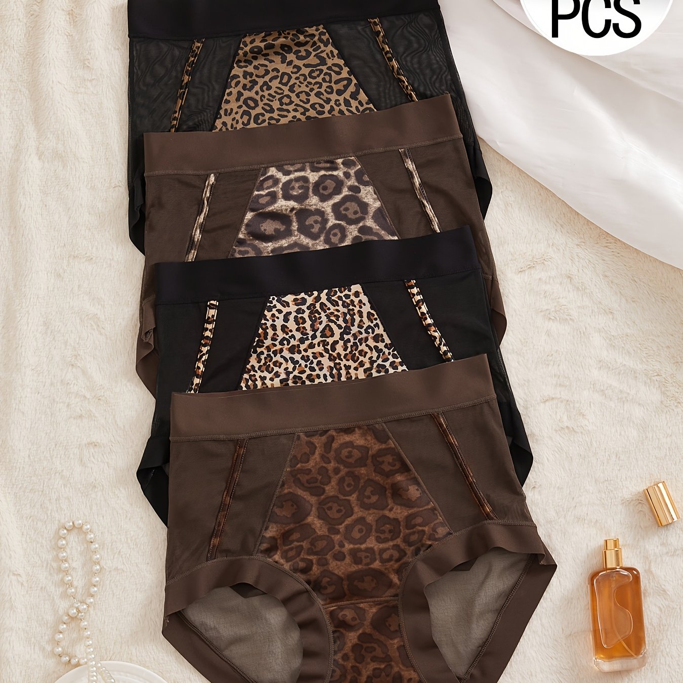 TEMU 4pcs Set Sexy High-waist Lace Leopard Print Panties For Women, Elastic Tummy Control -shaping Breathable Comfortable, New Semi-sheer Women's