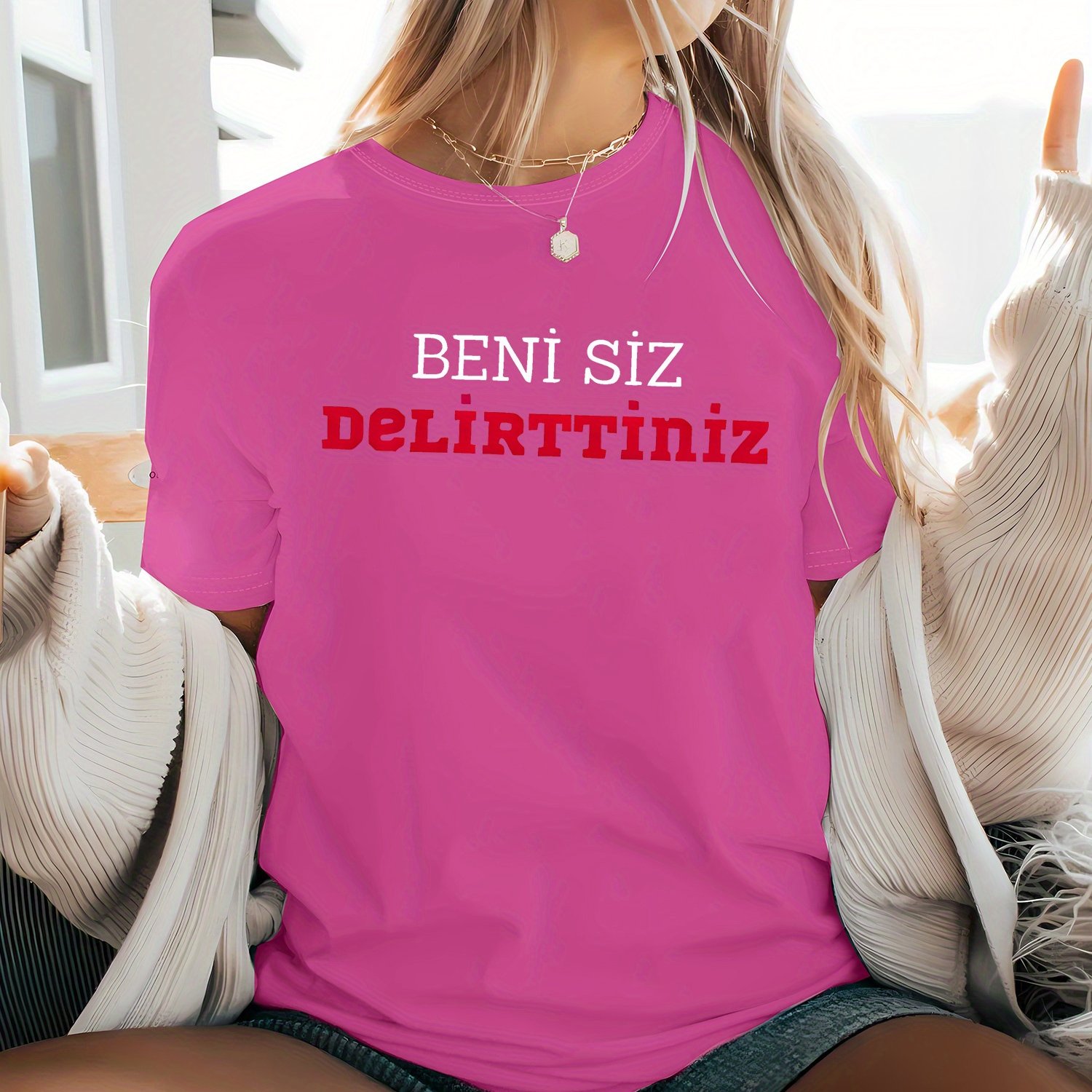 TEMU Plus Size, Women's Plus Size Oversized Turkish Text Print T-shirt - Short Sleeve Round Neck Blouse, Soft Polyester/elastane Blend, Machine