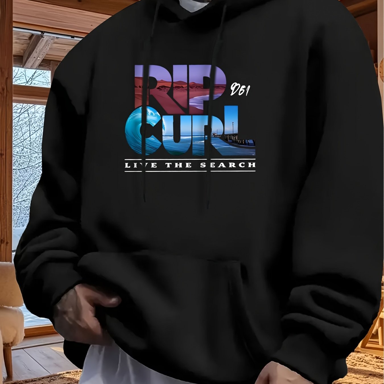 TEMU Men's And Unisex Retro Surf Sweatshirt, Plus Size Kangaroo Pocket Pullover With Adjustable Surf Cartoon Print And Beach Slogan, Casual Surf
