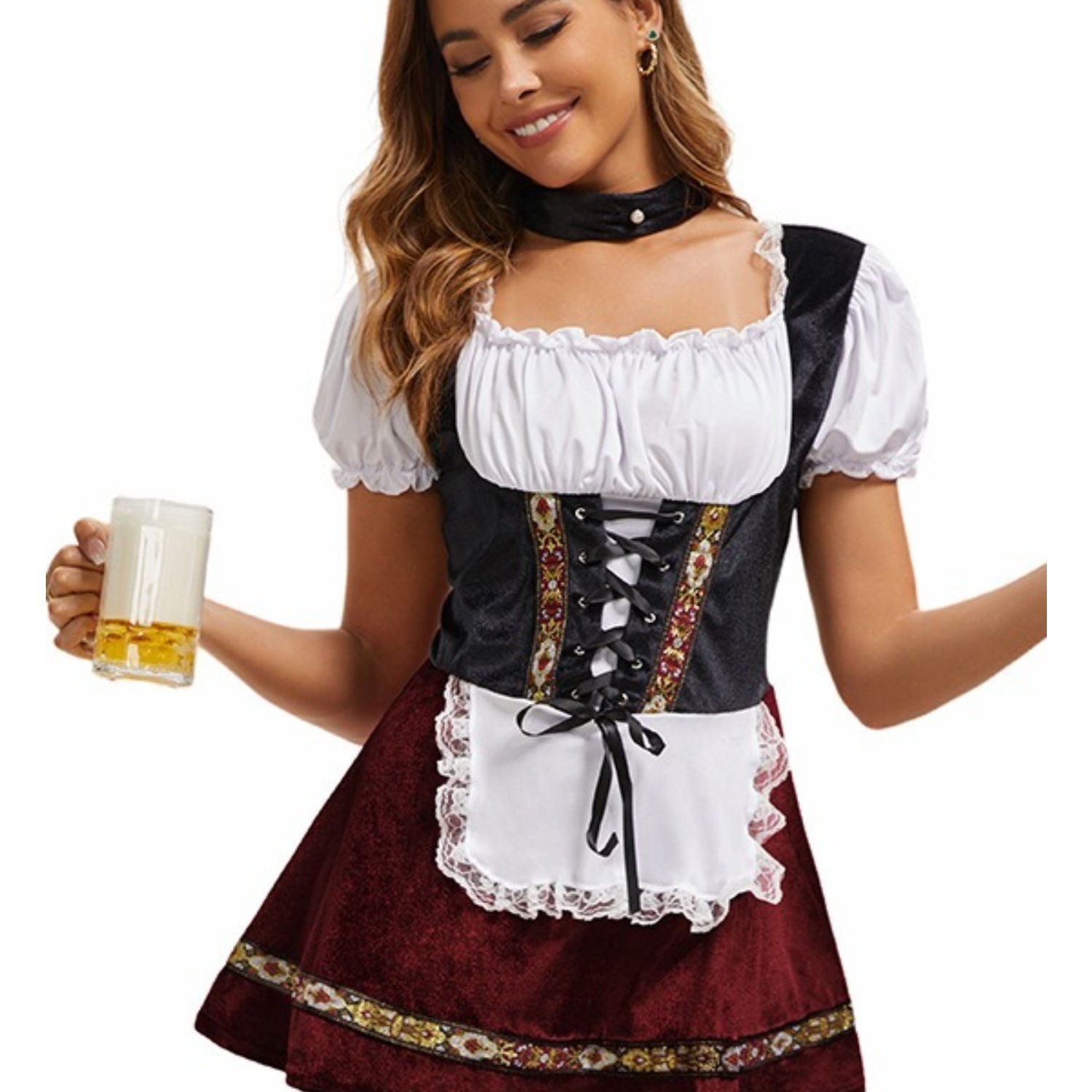 Image of 3pcs Set, German Munich Oktoberfest Maid Dress Set, Velvet Print Lace, Retro Ethnic Performance Party Dress, Including Dress + Ribbon + Collar