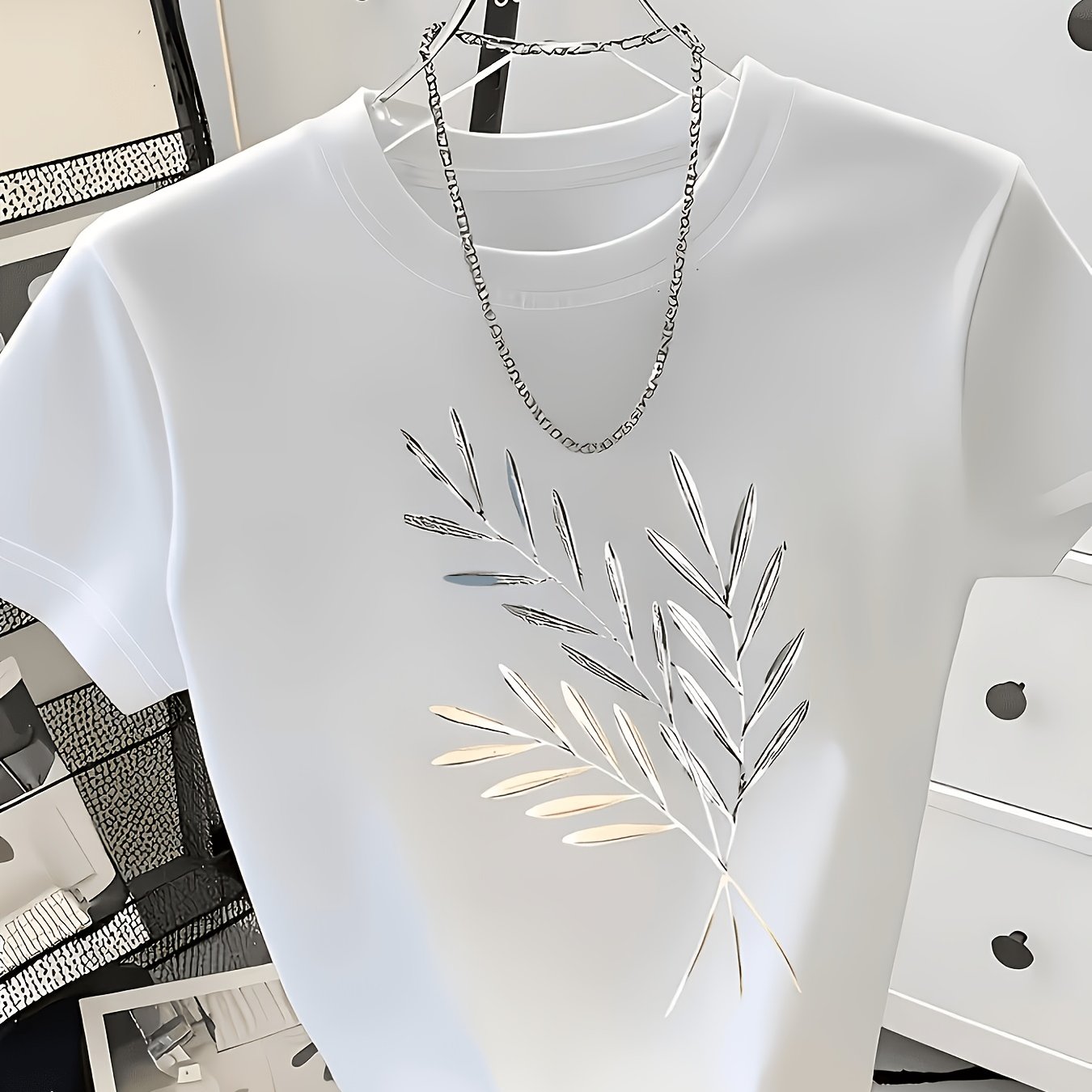 TEMU Light Luxury Golden And Silvery Branch And Leaf Print Short Sleeve T-shirt For Women, Metallic Texture Branch And Leaf Pattern, White Crew Neck,