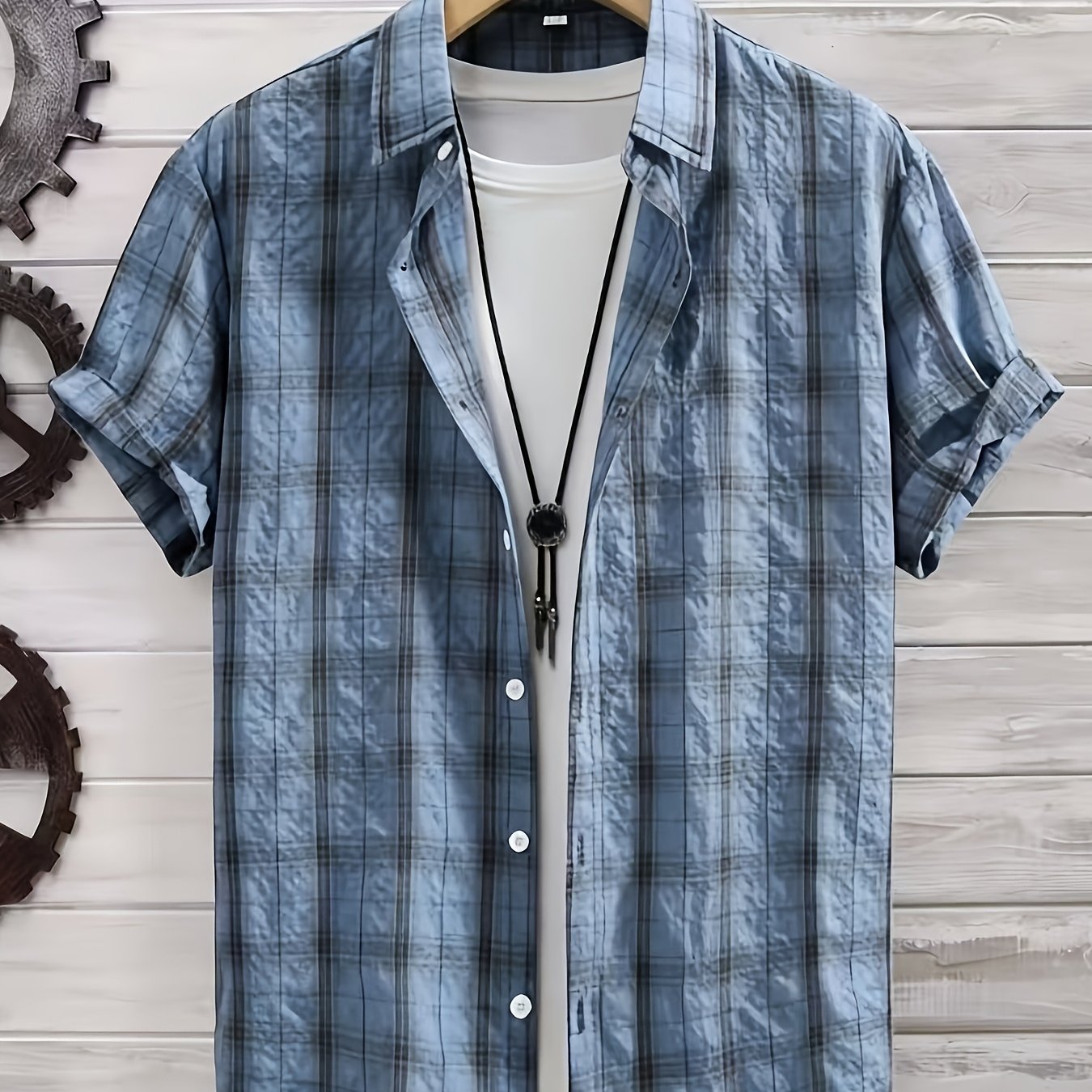 Image of Summer Men's Plus Size Casual Textured Plaid Short-sleeve Shirt, New Loose Fit, Outdoor Trendy Fashion Outerwear Button- Collar Shirt