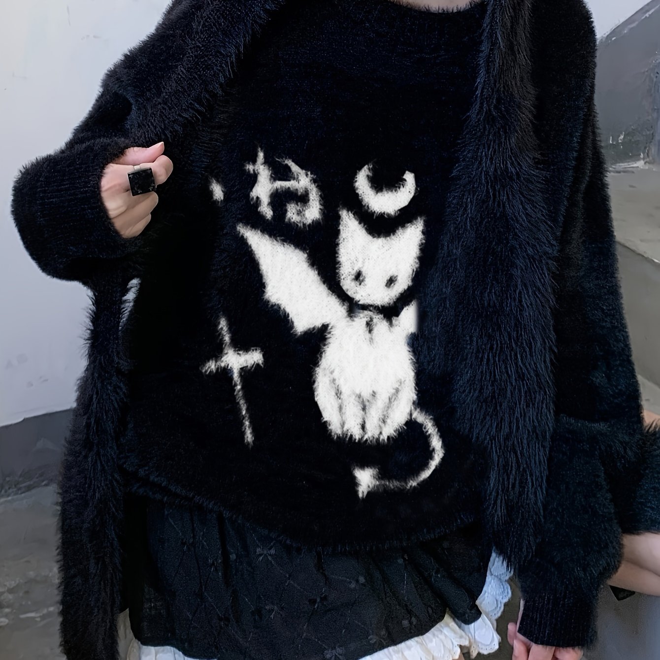 Japanese-style Black Crew Neck Sweater For Women, Winter Fluffy Warm Pullover Top, Trendy