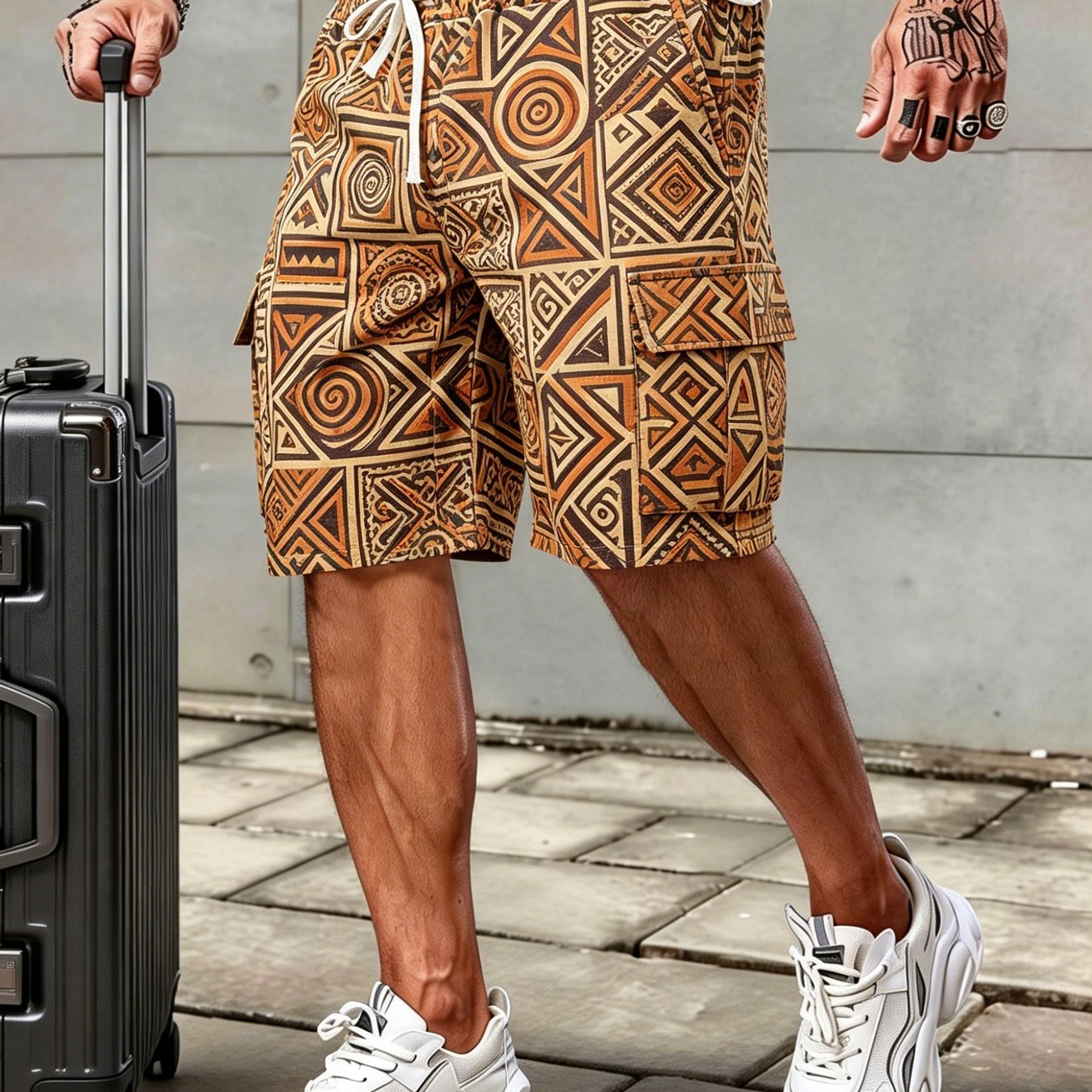 Image of Men's Casual Cargo Shorts Design, Multiple Pockets, Print Pattern, No Texture, Or Sequins. Stylish And Trendy, Made Of Comfortable And Breathable Fabric, Suitable For Daily Leisure, Holiday Gatherings