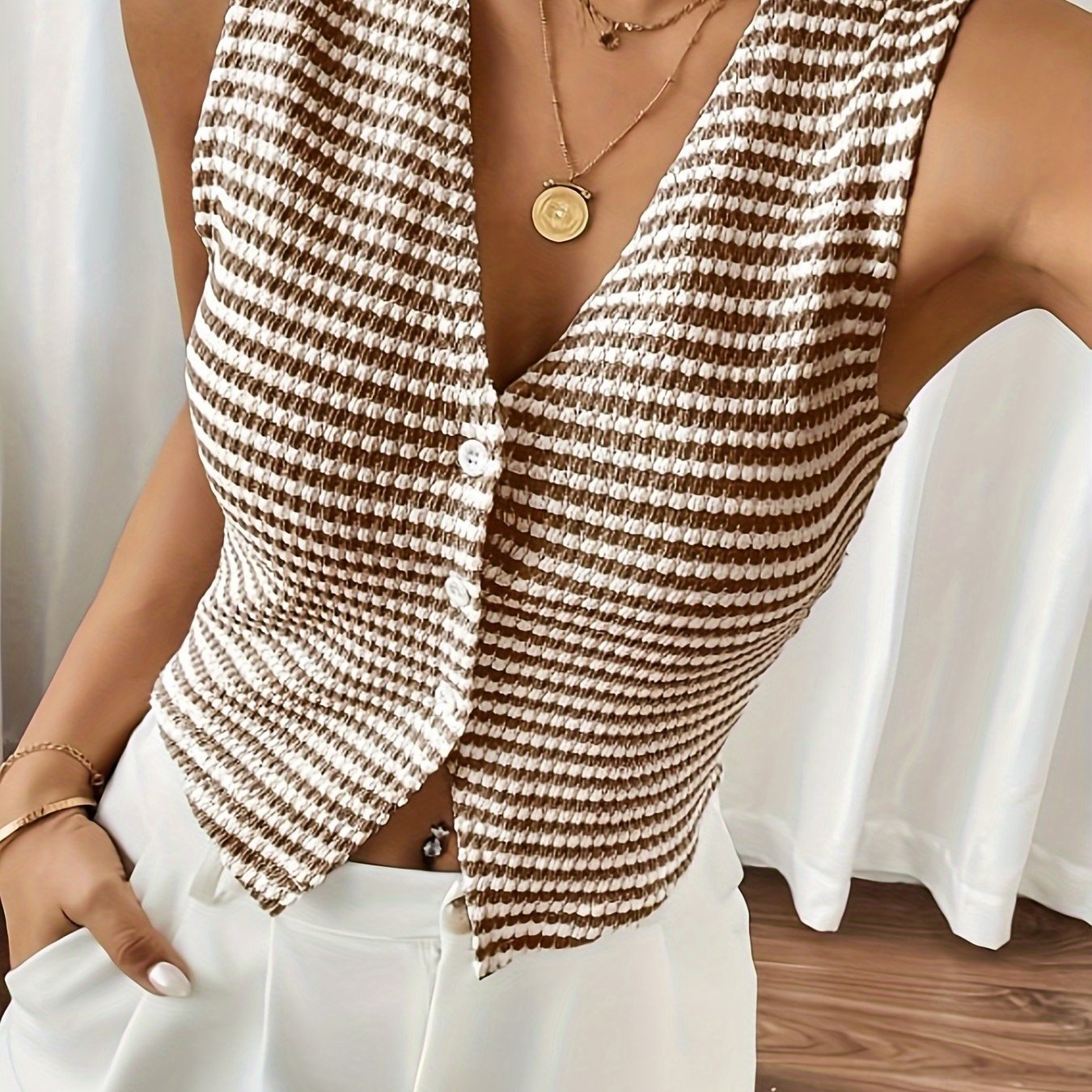 TEMU Women's Vertical Stripe Sleeveless Top - Medium-elastic Blouse, Vertical Stripes For Wear, Machine Washable Elegant Slim Fit Shirt For Casual &