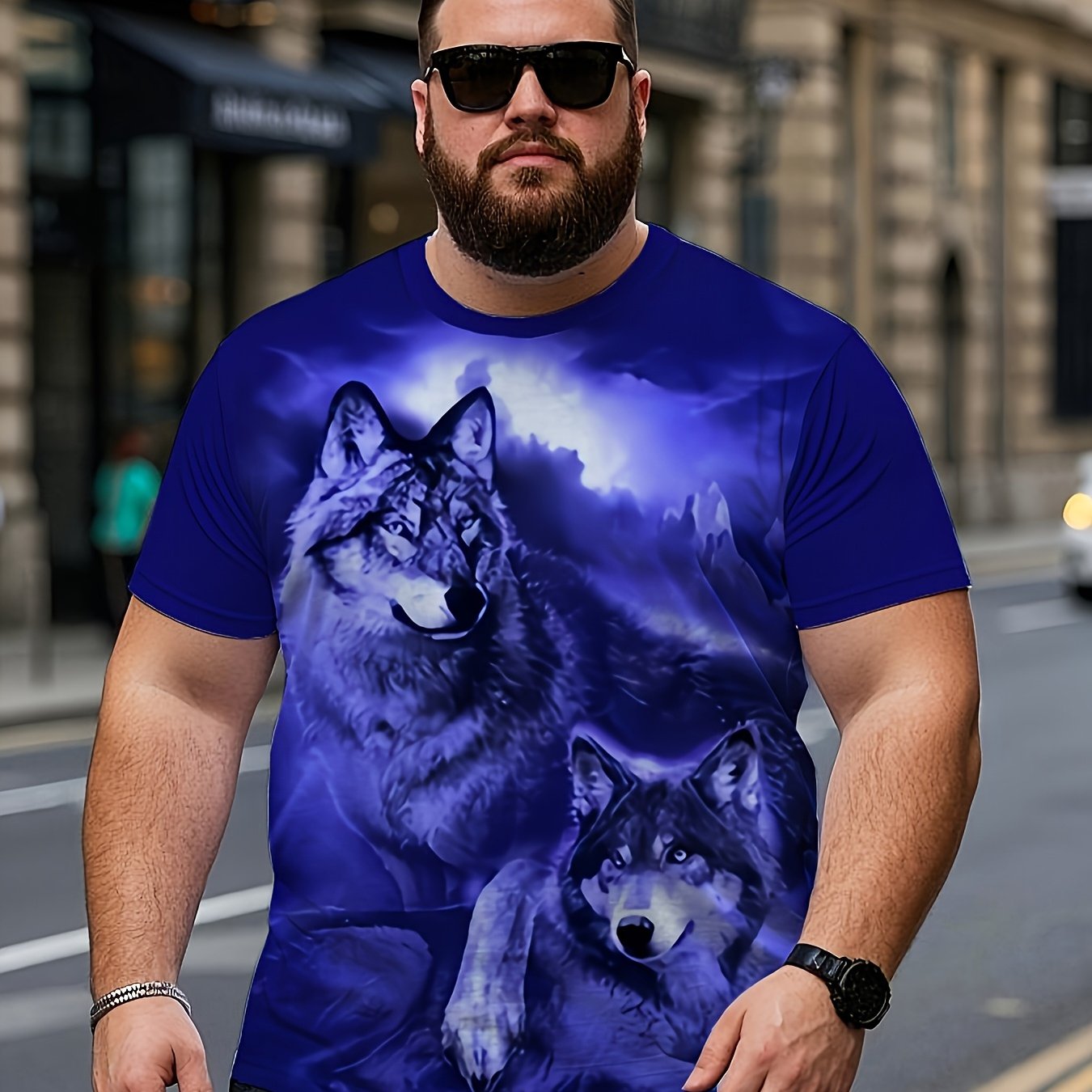 TEMU Men's Plus Size Printed Wolf Pc Graphic T-shirt - Blue And White Short Sleeve Casual Top, Suitable For Summer Outdoor Activities And Daily Wear,