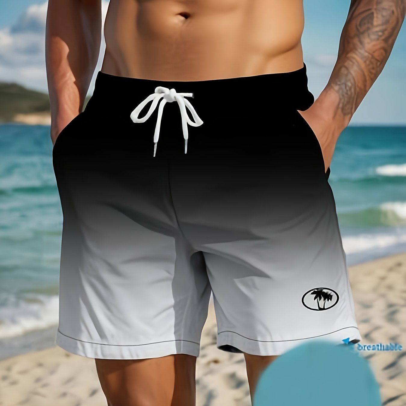 TEMU Men's Summer Gradient Coconut Tree Pattern Drawstring Diagonal Hawaiian Shorts, Fashionable Casual Trendy Seaside Vacation Shorts Beach Pants