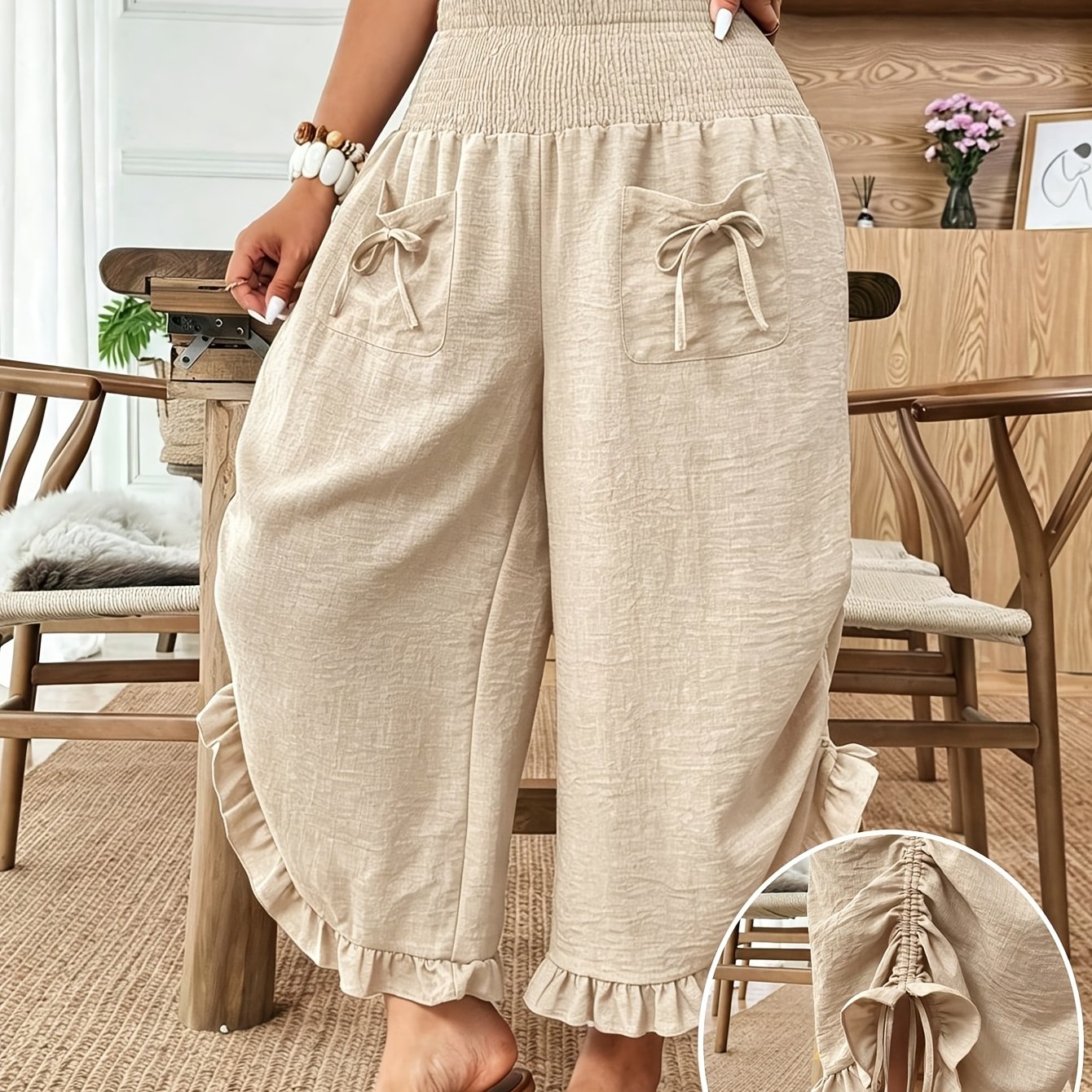 TEMU Plus Size Solid Color Casual Bow-pocket Loose Fit Trousers, Y2k Clothing Summer Daily Wear, Trendy Basic Bottoms, Comfortable Relaxed Fit Casual