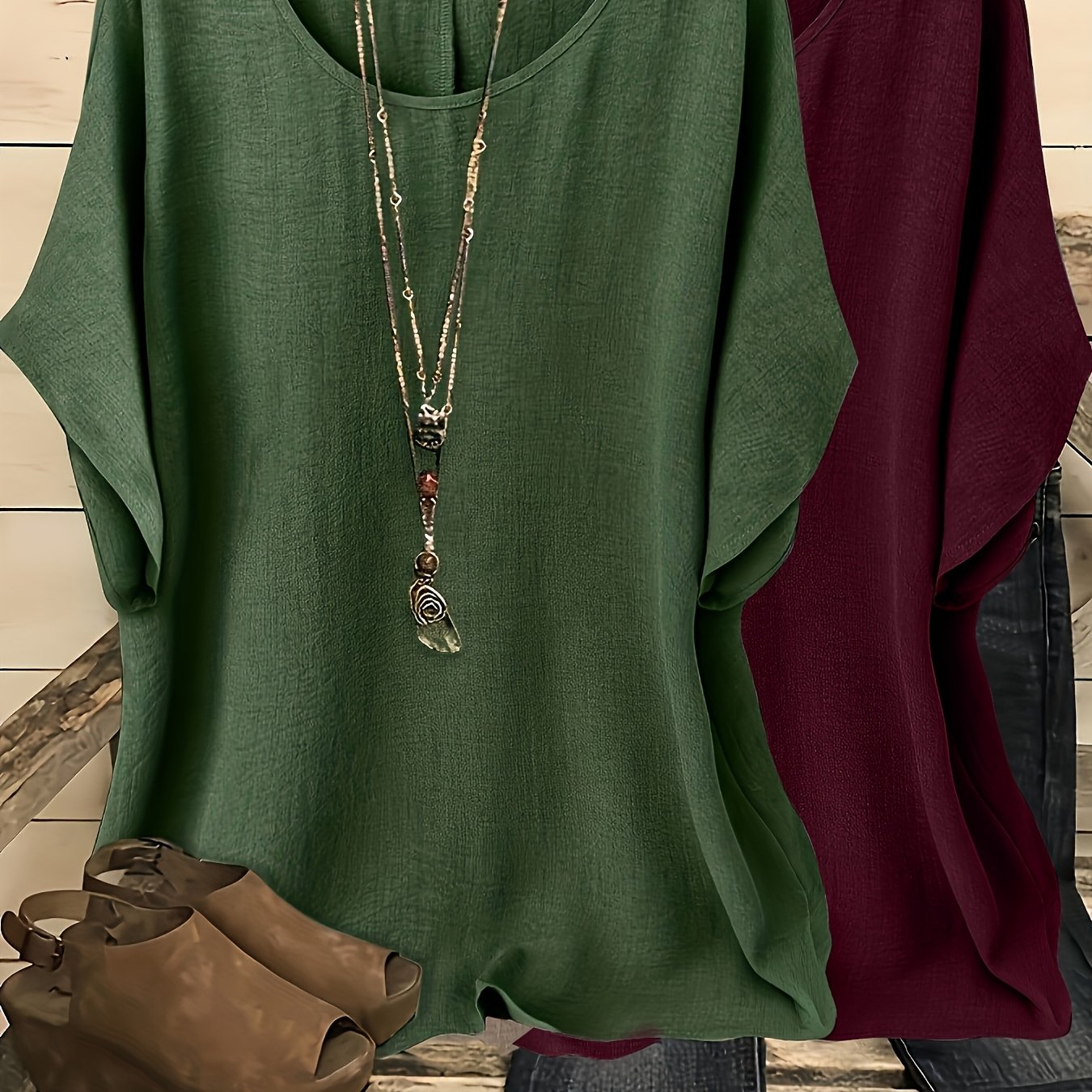 TEMU 2pcs, Women's Casual Vacation Solid Color Round Neck Batwing Sleeve Shirt, No Accessories Included