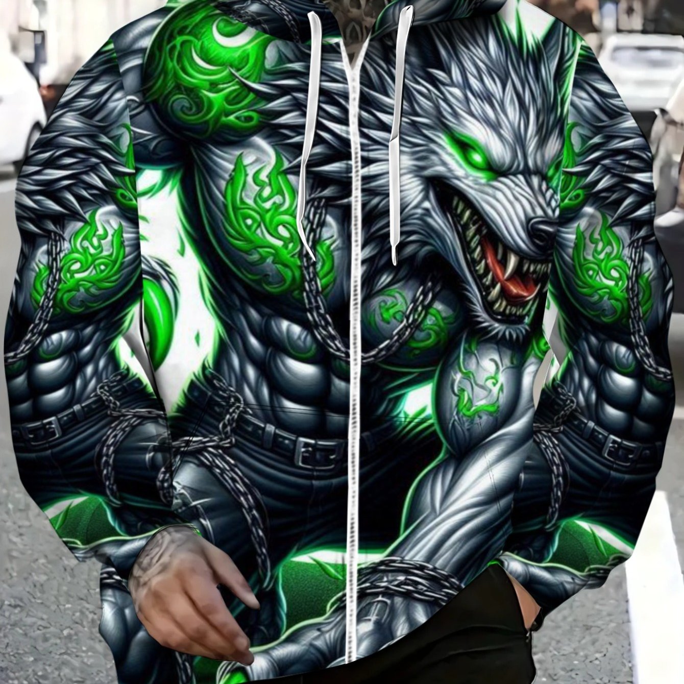 TEMU Men' Wolf Print Zip-up Hoodie Lightweight Durable Streetwear For Outdoor Activities And Casual Wear In Urban Settings