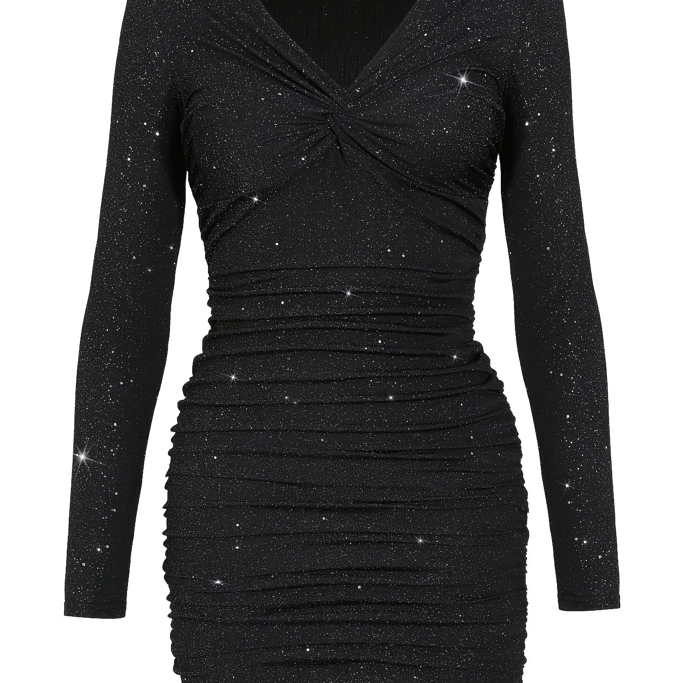Image of Sparkly V Neck Long Sleeve Ruched Bodycon Mini Dress For Party Date Night Club
