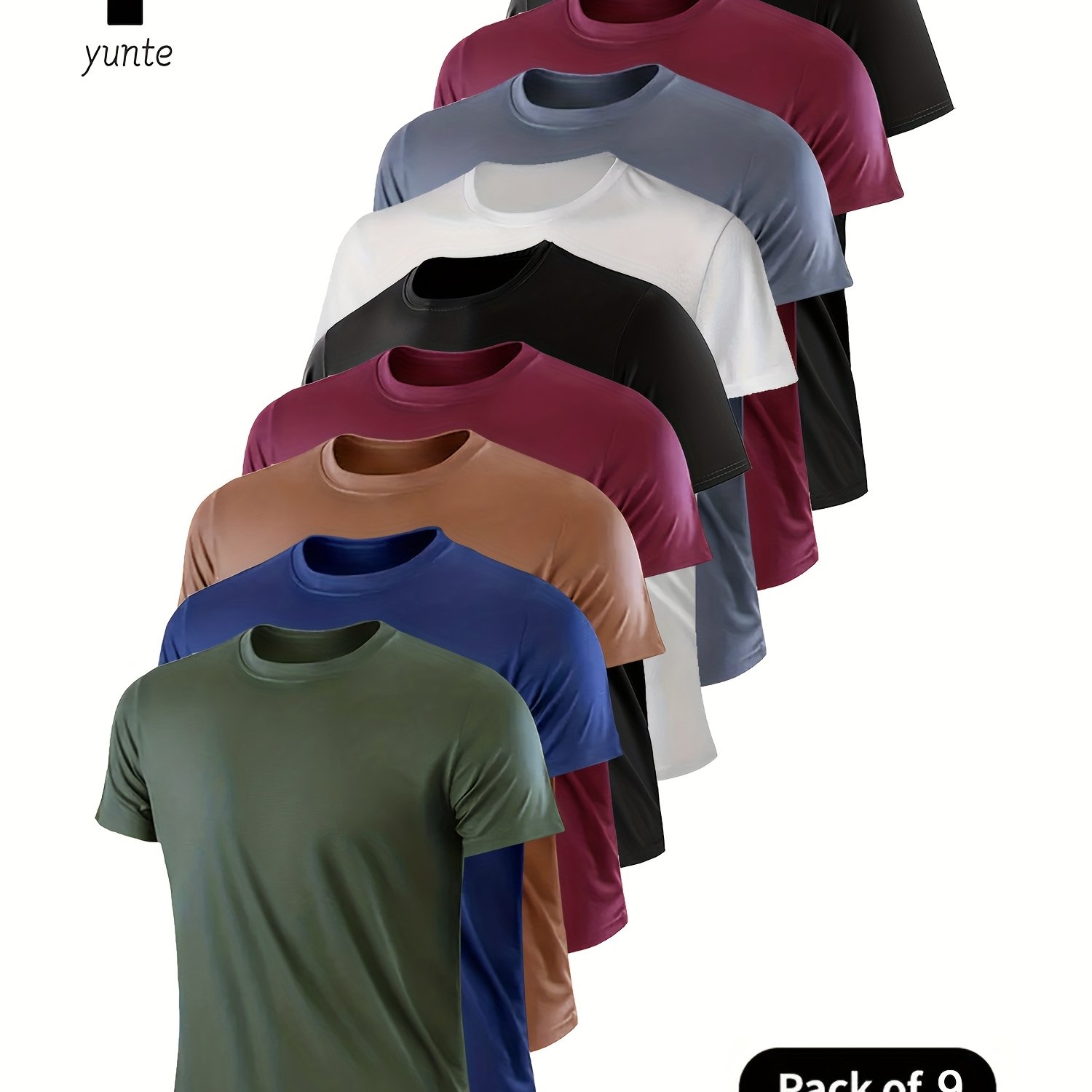 E-shop 9er-Pack Herren Leichtgewicht Rundhals-T-Shirts in Armee-Grün, Marineblau, Khaki, Burgund, , Grau Burgund-Schwarz Mix – Schnelltrocknend,