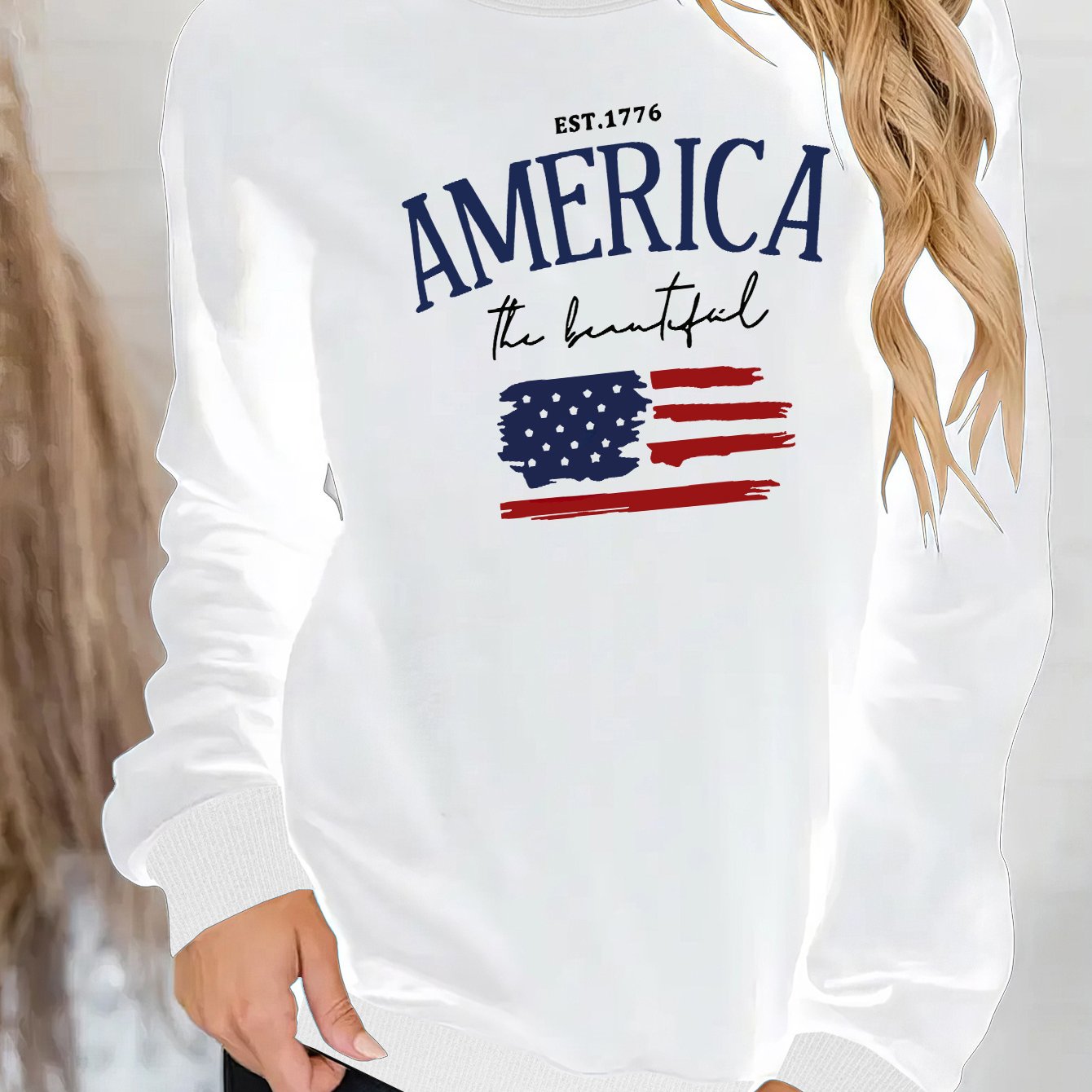 TEMU Women's Long Sleeve Crewneck Sweatshirt, 'america The Beautiful' Usa Flag Print, Casual Fashion Pullover, Fall Winter Sportswear Top, No Hood, Comfort Fit For Independence Day