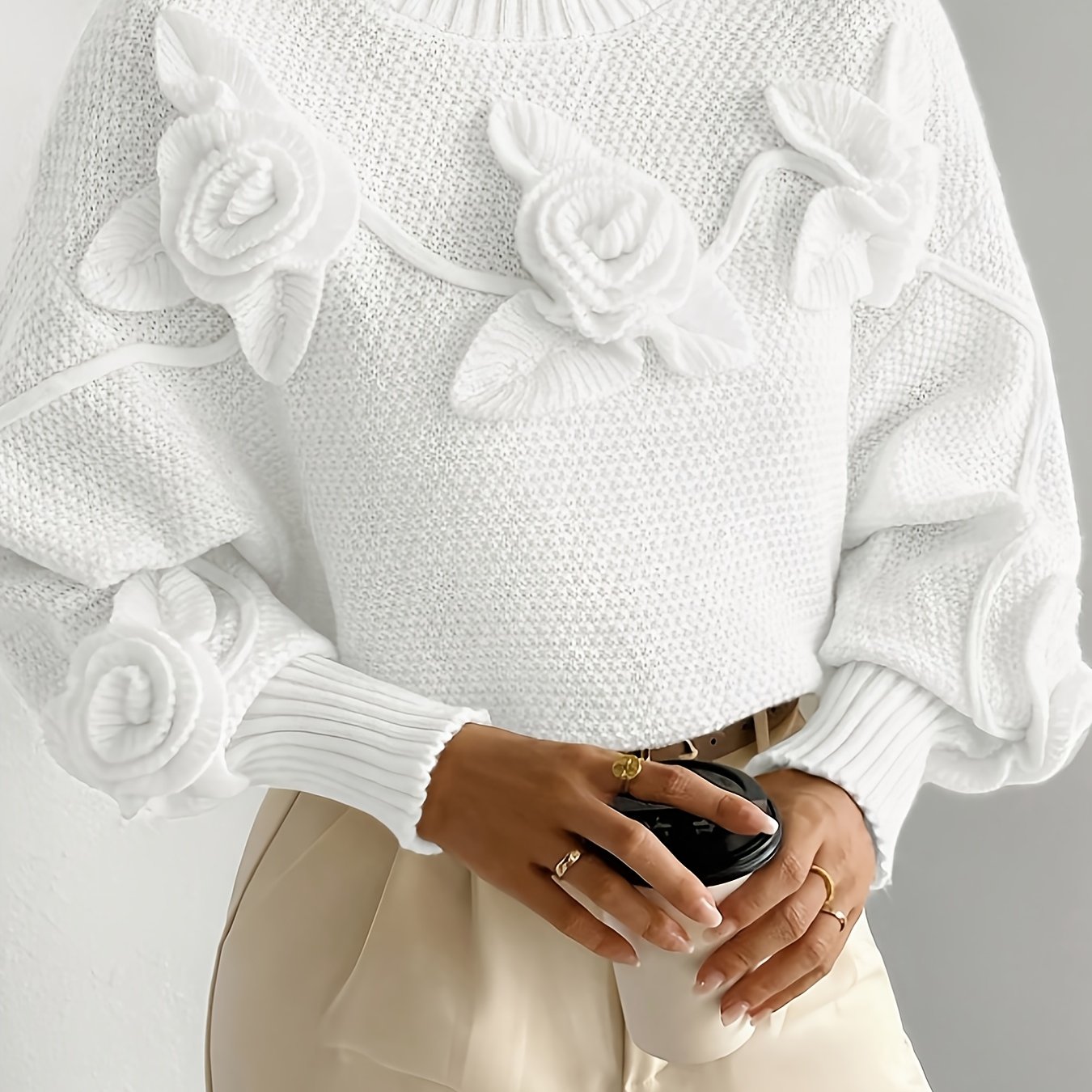 TEMU Pull 3D Floral Col , Pull Confortable et Chaud