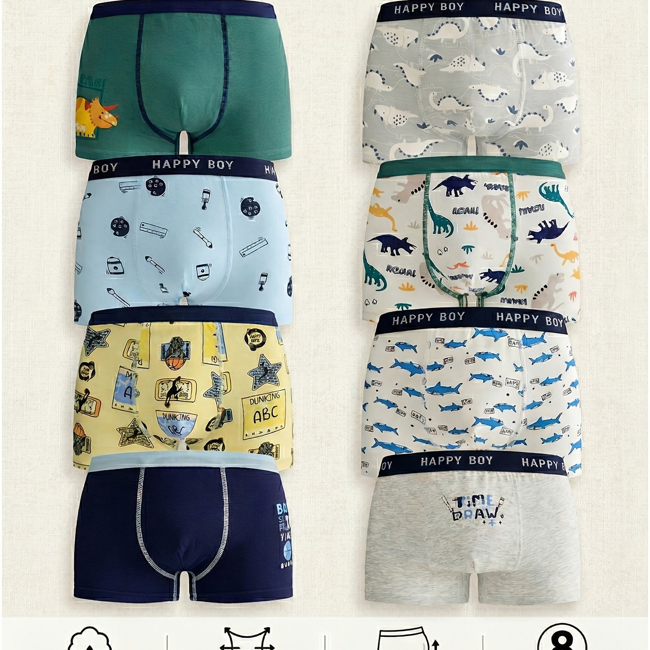 Image of Random 8pcs Boys' Square Briefs Soft Comfortable Elastic Waistband Casual Cute Dinosaur Sports Basketball Cartoon Wear Short Shorts [zbd]