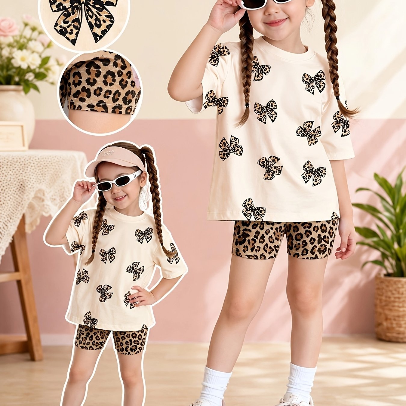 Image of 2pcs Set. Girls' Summer Fitted Shorts Set, Loose Bow Print T-shirt, Leopard Print Fitted Shorts. Summer Set, 1- Girls. Suitable For Casual Vacation Parties. Suitable For Outdoor Scenes
