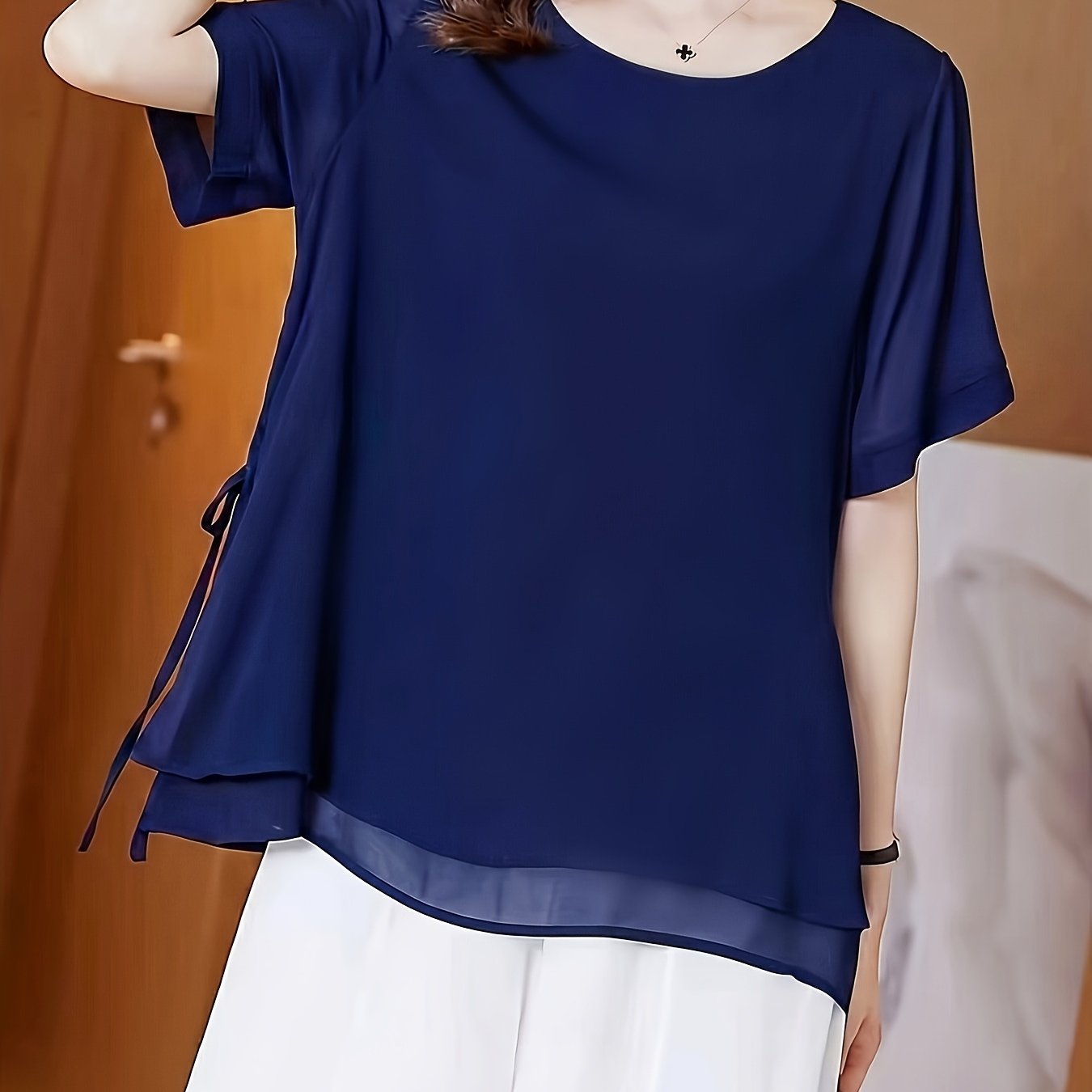 TEMU Summer Round Neck Solid Color Chiffon Mommy Outfit Chic Tummy-covering Double-layer Tie-back Short Sleeve Blouse Women's