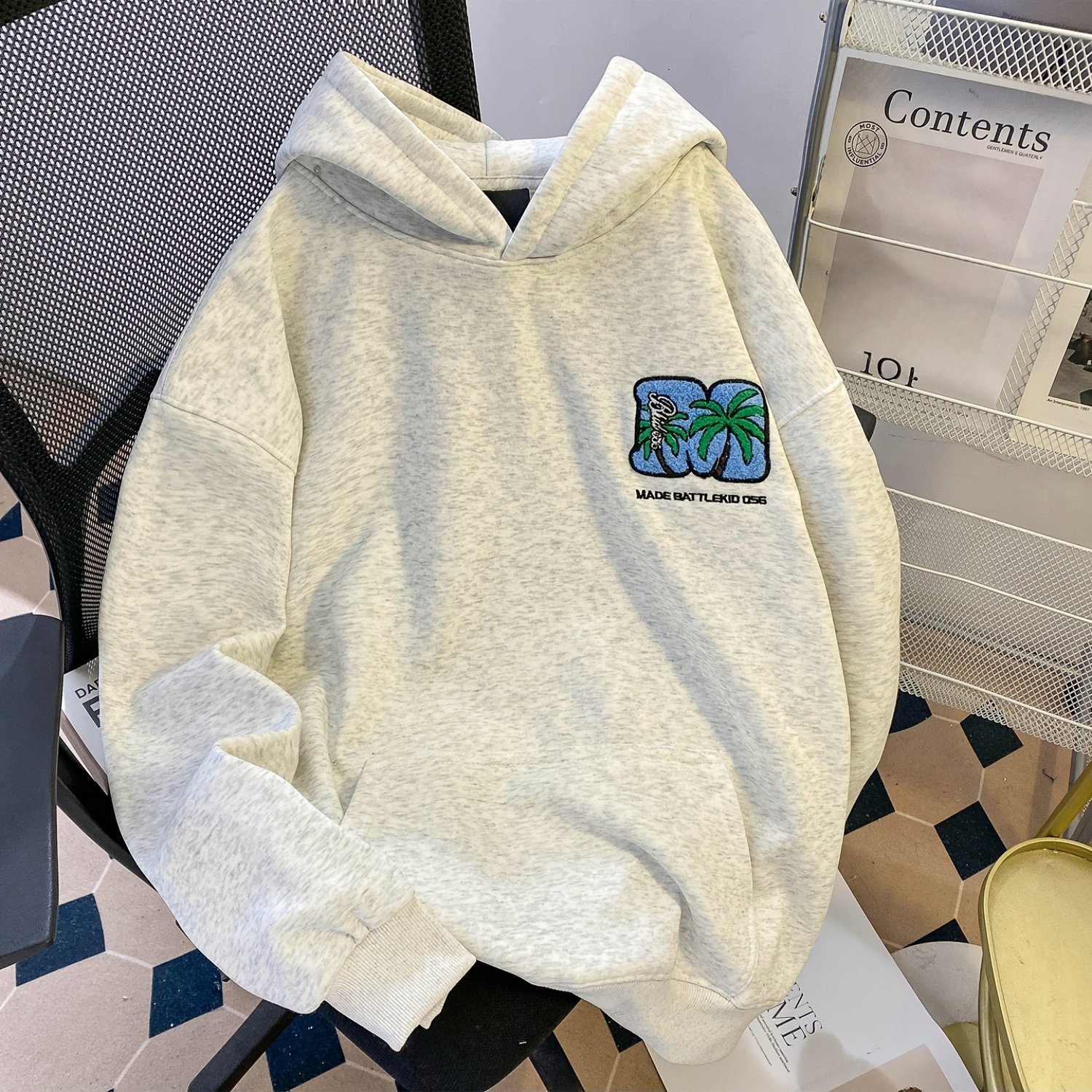 Image of Obm American Trendy Hip-hop Punk Street Gothic Style Hoodie With Plush Towel Embroidery, 3d Coconut Tree Digital Letter Embroidery, Kangaroo Pocket, Perfect For And Camping
