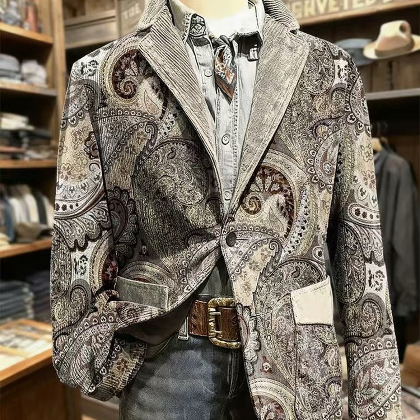 Men's Collar Corduroy Sports Jacket, Full Paisley Blazer