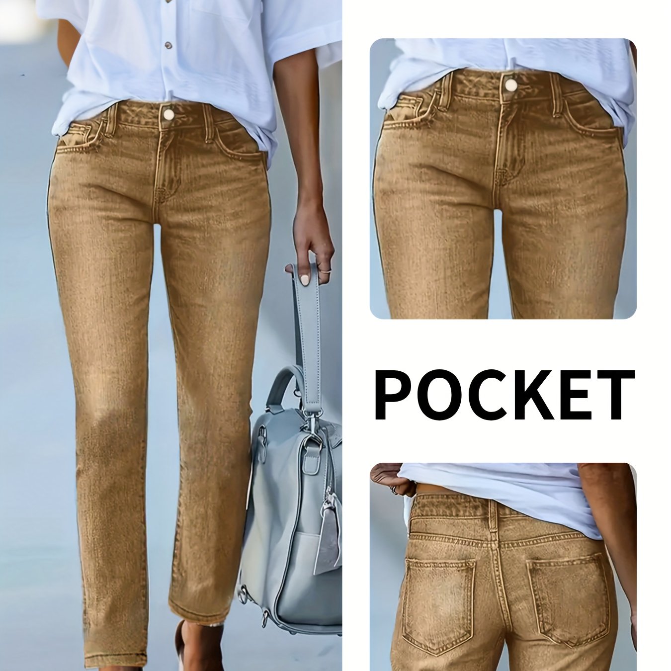 Image of Aw25 Khaki Skinny Jeans With A Chic Style, Made Of Stretch Fabric To Better Contour Shape And Slim The . Suitable For , Are, Versatile And A Must-have For Work And Casual Occasions.
