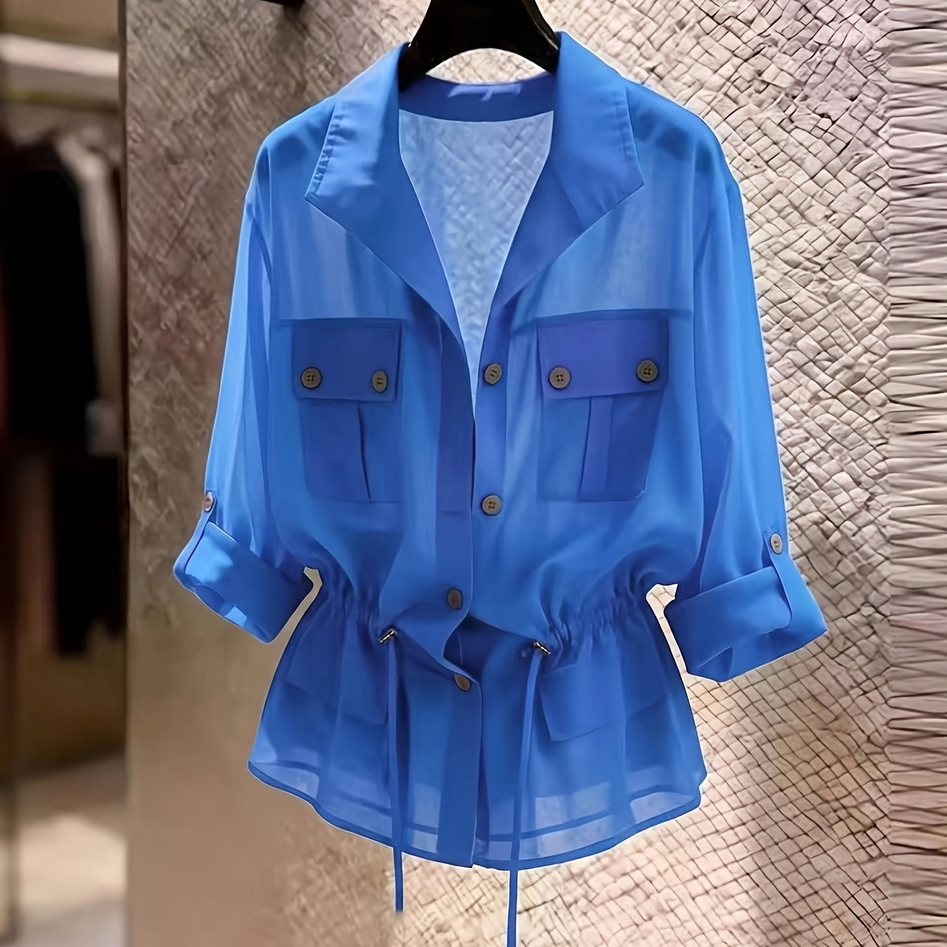 TEMU Camisa de gasa con cintura con cordón ajustable, cuello de solapa con bolsillos cargo