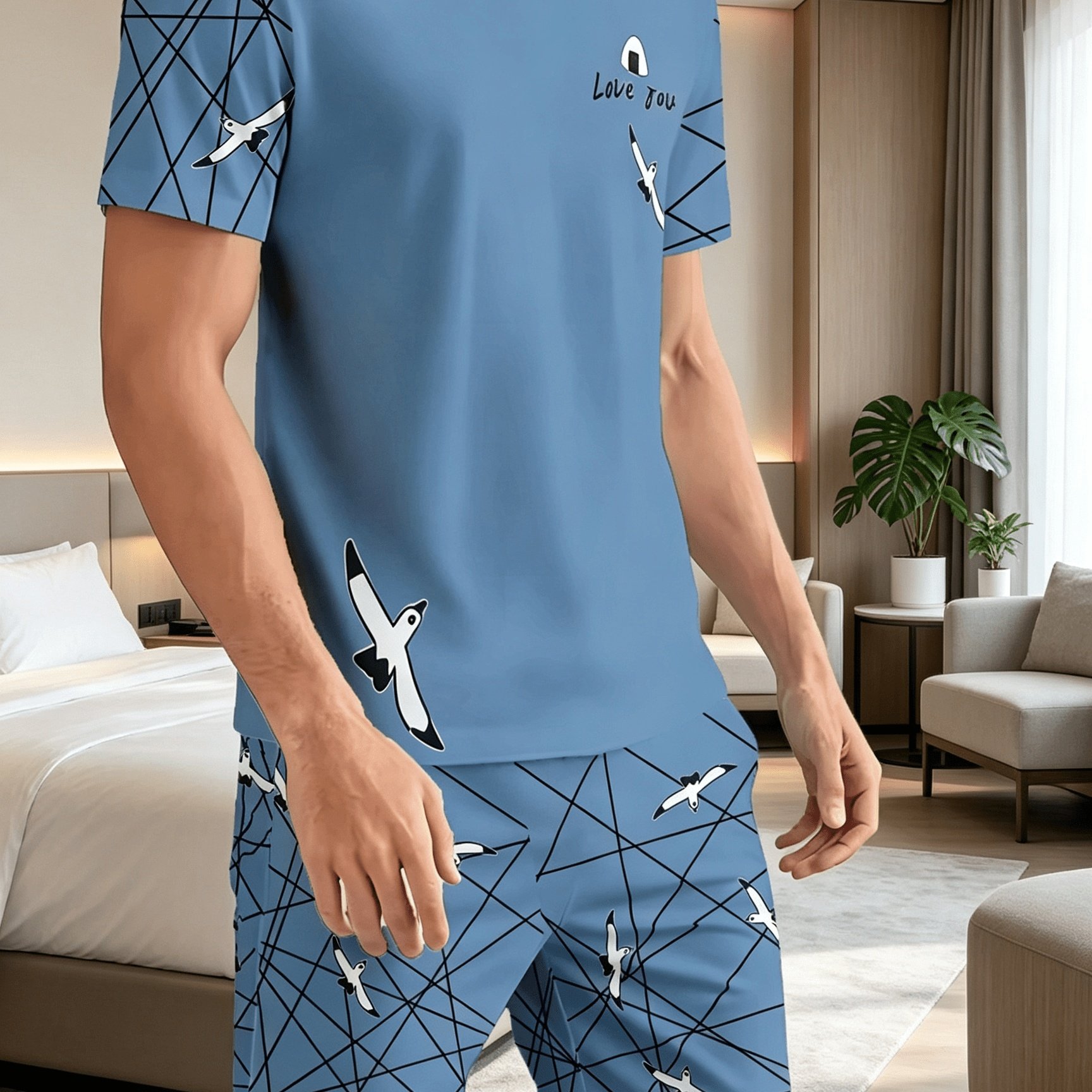 TEMU Último conjunto de pijama de manga corta con estampado de azul para hombre, top de cuello y pantalones cortos de cintura elástica para el hogar