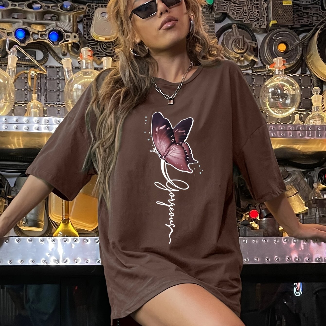 Image of European And American Fast Fashion Color Casual Print T-shirt, Simple Round Neck Short Sleeve Top