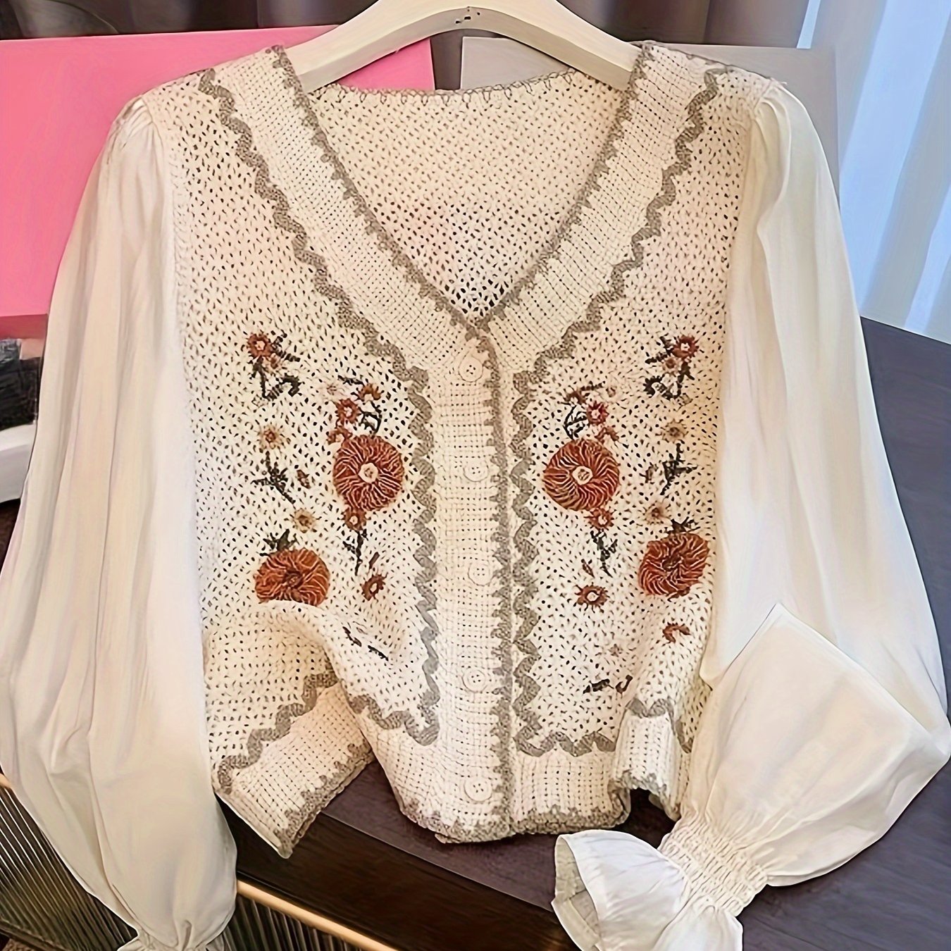 Hollow-out Long Sleeve Chiffon Top