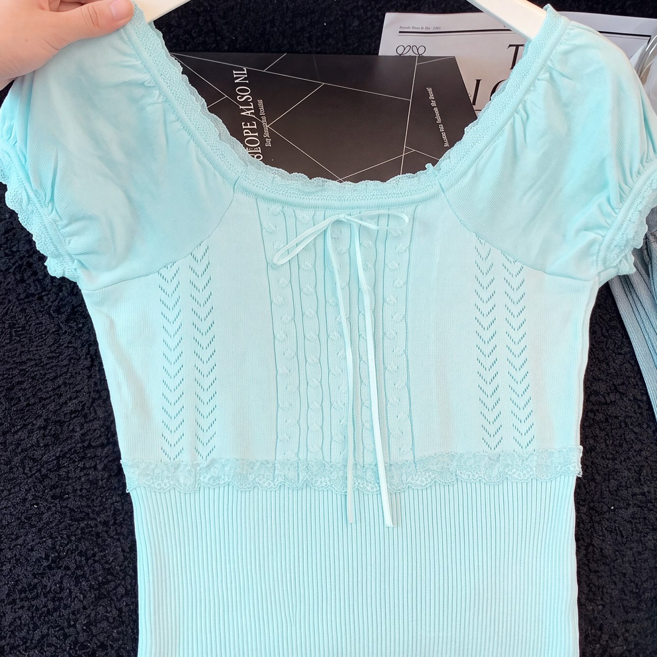 TEMU /summer Korean-style Sweet Lace Square Neck Versatile Short-sleeve Top