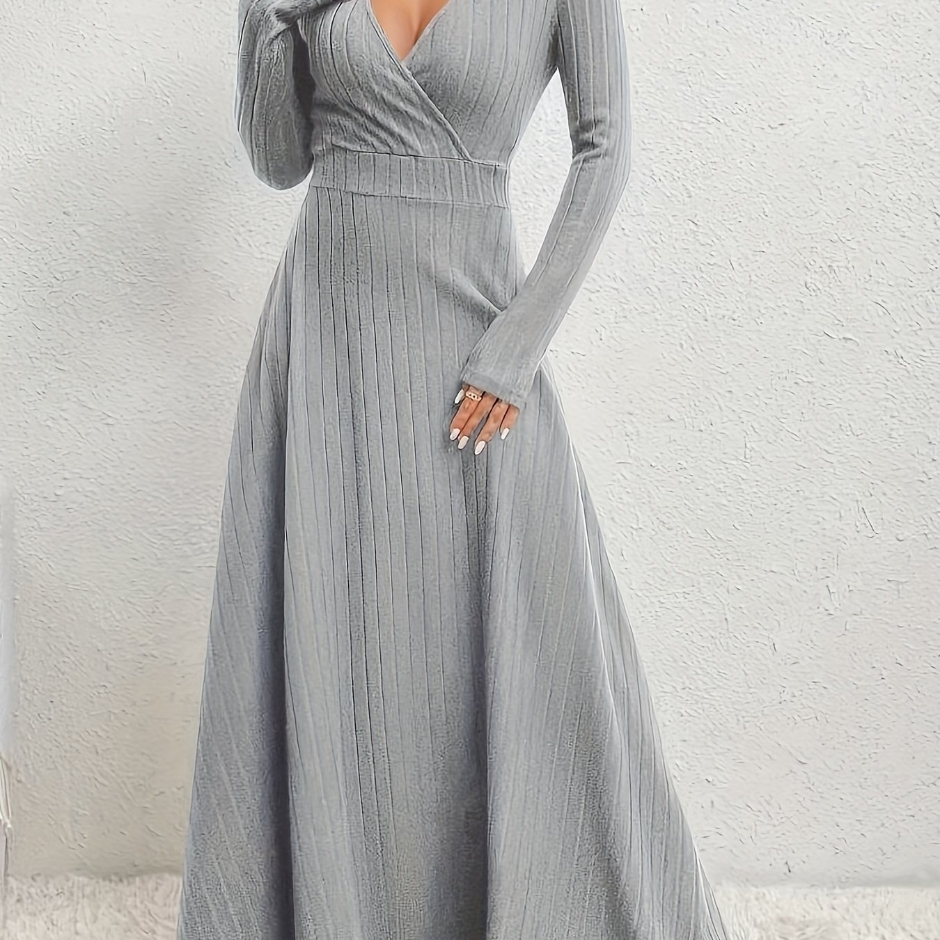 Image of Women's A-line Dress With Cross Neckline & Sleeves - Midi Dress For , Machine Washable Solid Color Elegant Casual To Formal Wear, Formal Attire, Construction