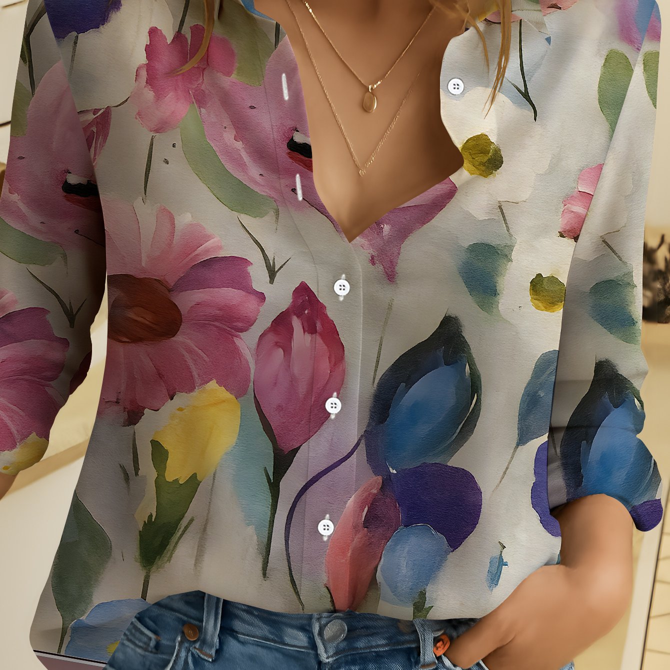 TEMU Women's Long-sleeve Watercolor Printed Shirt Featuring Colorful Floral Designs, Perfect For And Casual Look. Soft, Comfortable, And