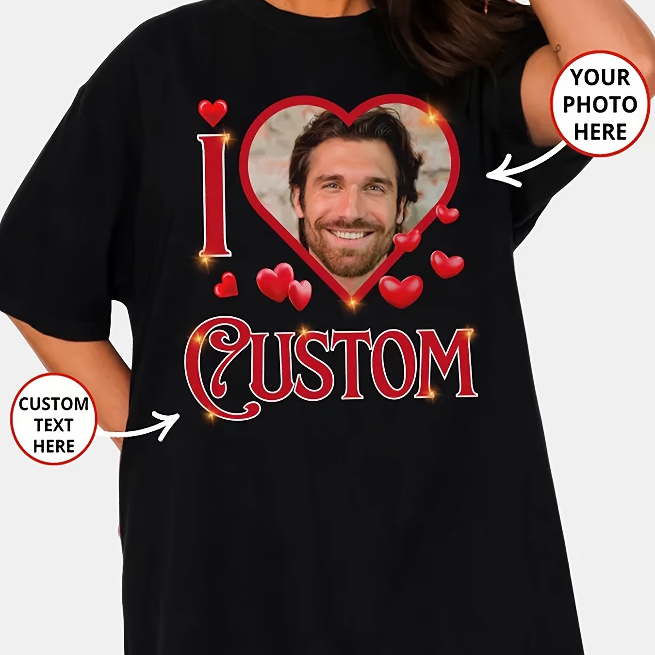 TEMU Women's Loose Fit "i Love" Custom Photo T-shirt, Custom Elegant Heart Pattern T-shirt With Custom Text, Casual Short Sleeve Crew Neck Top,