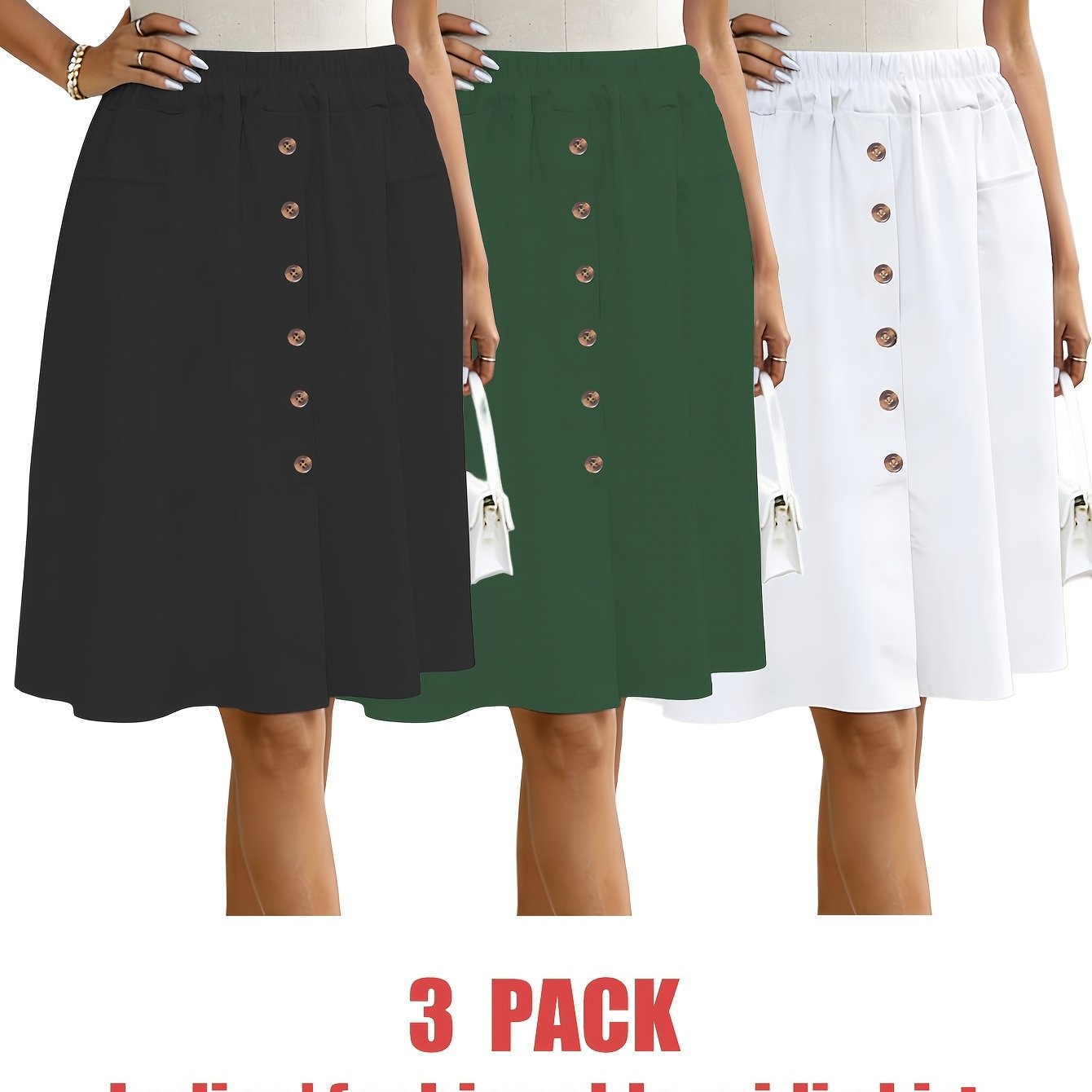 TEMU 3pcs Solid Color Button-pocket High-waist Skirt, Women's Elegant A-line Skirt