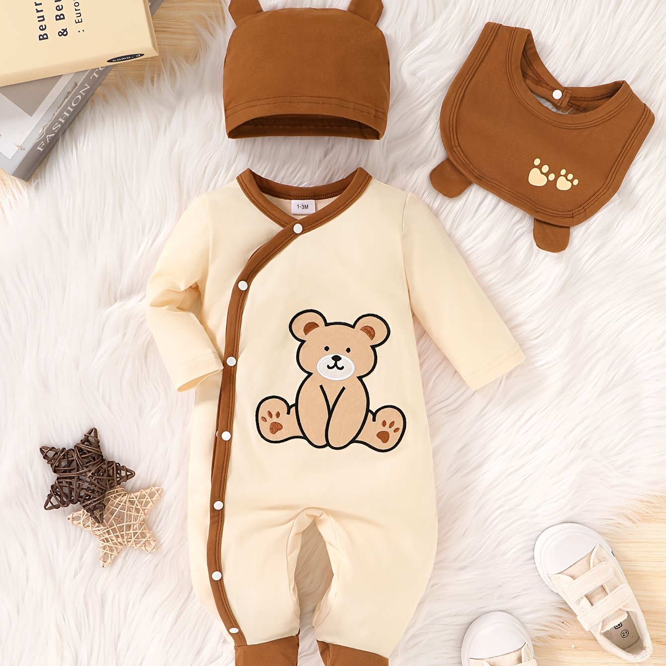 Image of 3pcs Casual Cute Boys' Romper Set, Soft And Comfortable With Cartoon Bear Pattern Embroidery Slant Button Contrast Color Footed Bodysuit, 3d Shaped Hat & Bib, Perfect For Outdoor