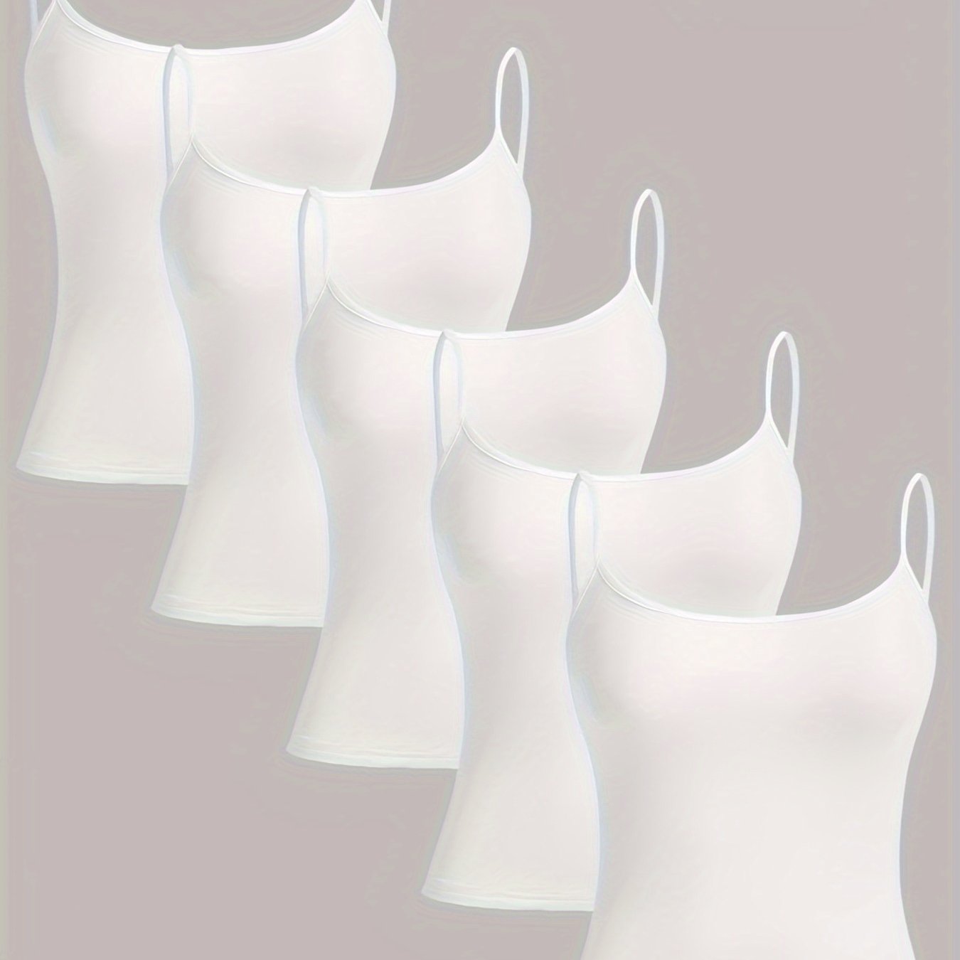 Image of 5pcs Set [5 White Camisoles] Sleeveless Women's Casual Tank Tops | Black, Smooth Texture, Round Neck | Perfect For Spring/summer/fall, Casual Wear