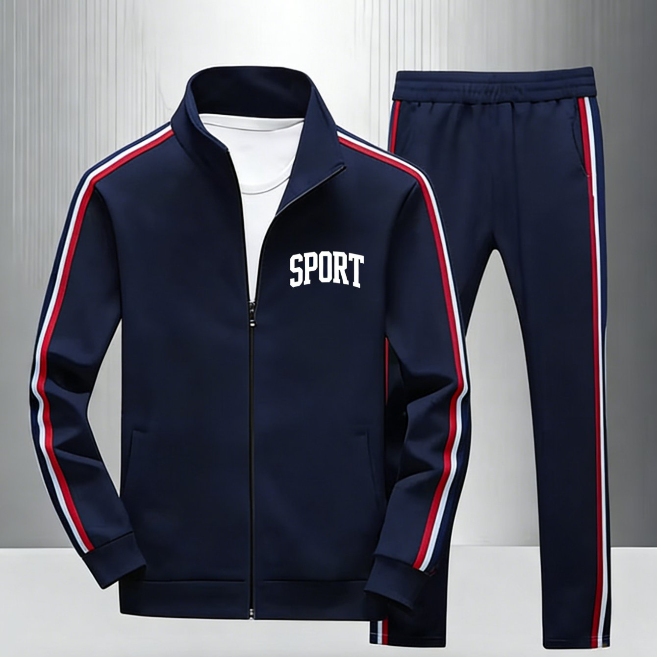 Men's Polyester Athletic Outfit Featuring A Collar, Zippered Cardigan, And Trousers, Workout Attire