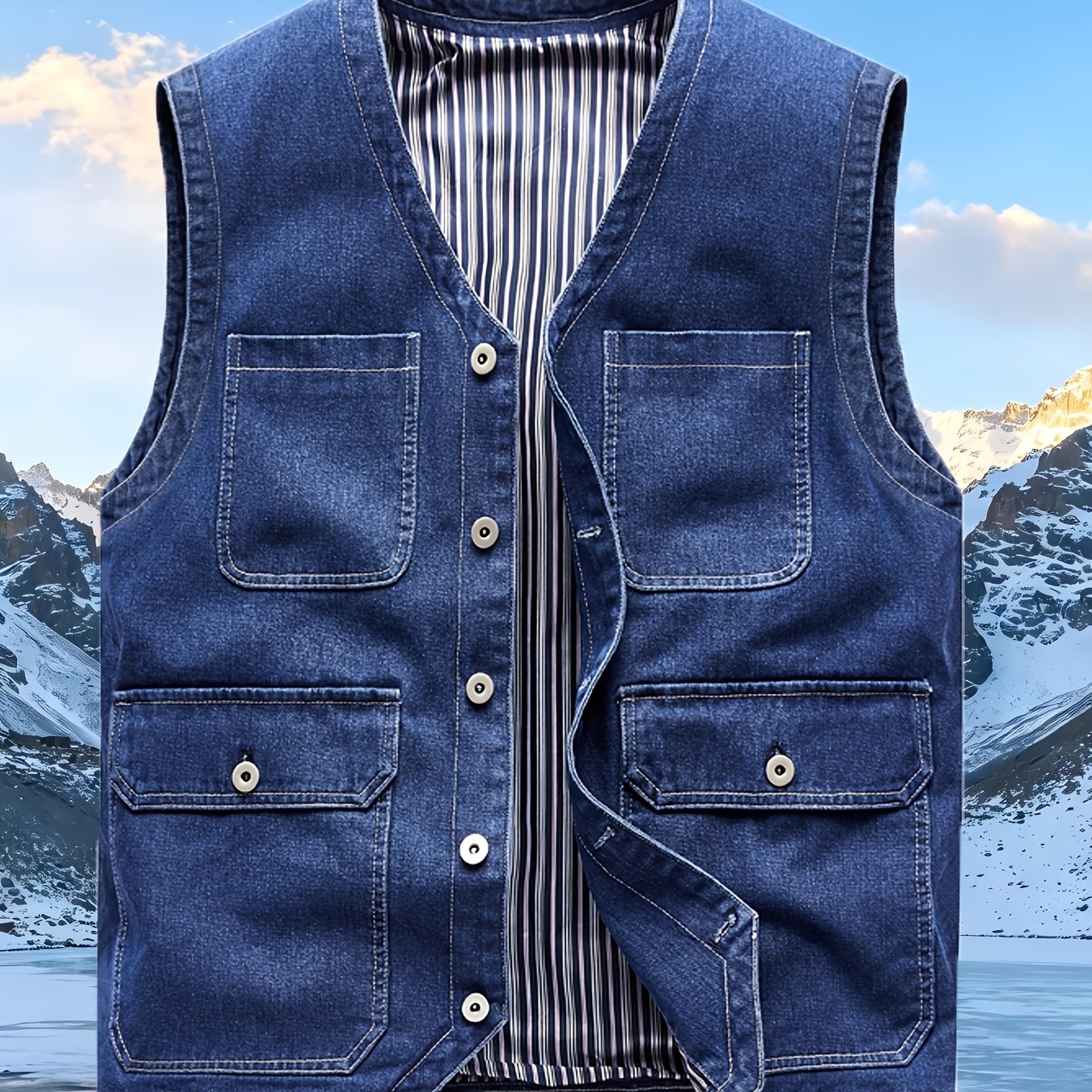 TEMU [villa Le Water Obm] Men's Retro Multi-pocket Denim Vest, Striped Lining Sleeveless Cargo Vest, Loose High-quality Washed Denim Tactical Vest,