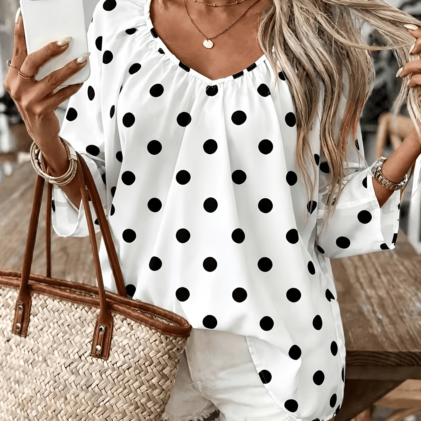 TEMU Plus Size, Plus-size Women's Fashion Polka Dot Print Deep V-neck Twill 3/4 Sleeve Shirt