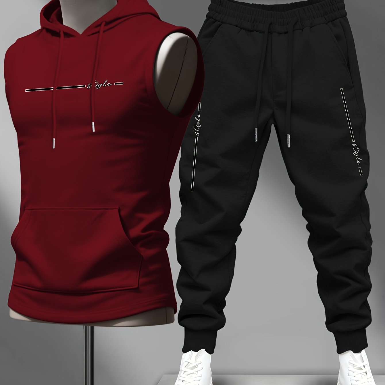 TEMU Trendy Brand Men's Gym Vest And Long Pants Set, Fashion Statement Style Letter Theme Print Sleeveless Hooded Training Vest Matching Print