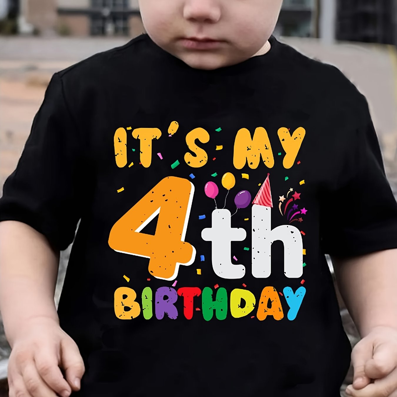 TEMU Boy's 4th Birthday T-shirt- Soft Round Neck Short Sleeve, And , " 4th Birthday" Letter Design, Black Casual Top, Spring And Summer Children's