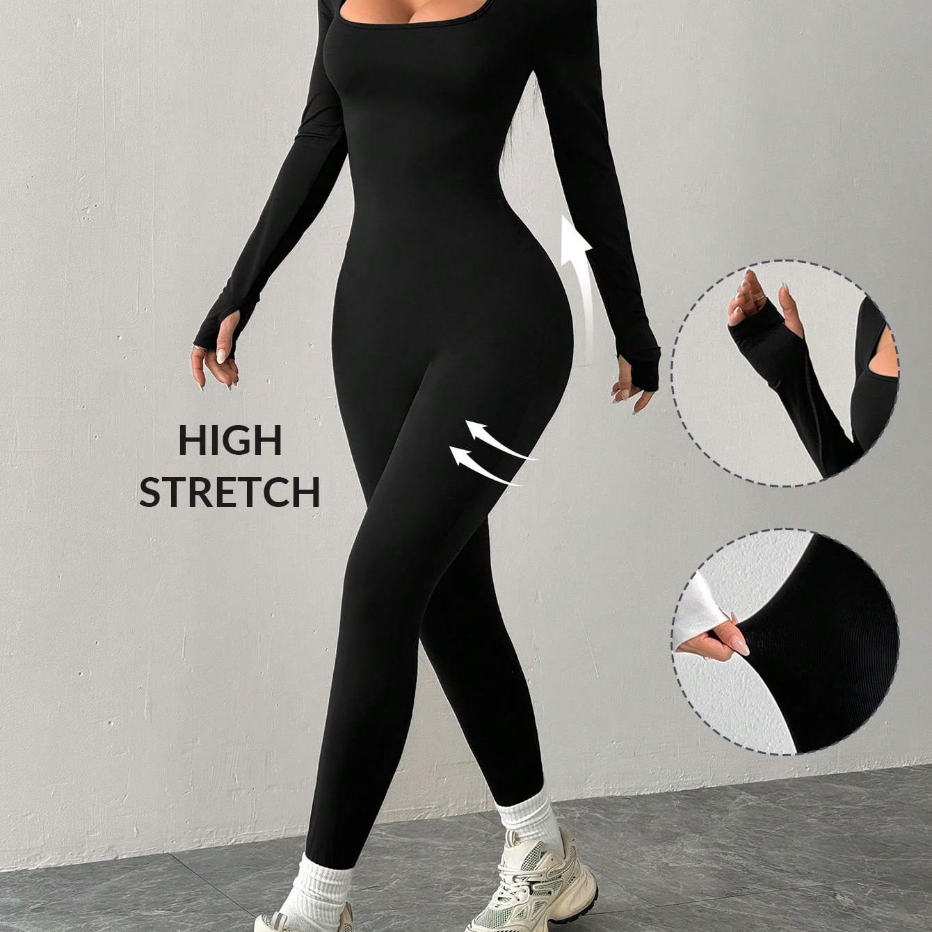 TEMU Fall Winter Black Square Neck Tight Casual Jumpsuit