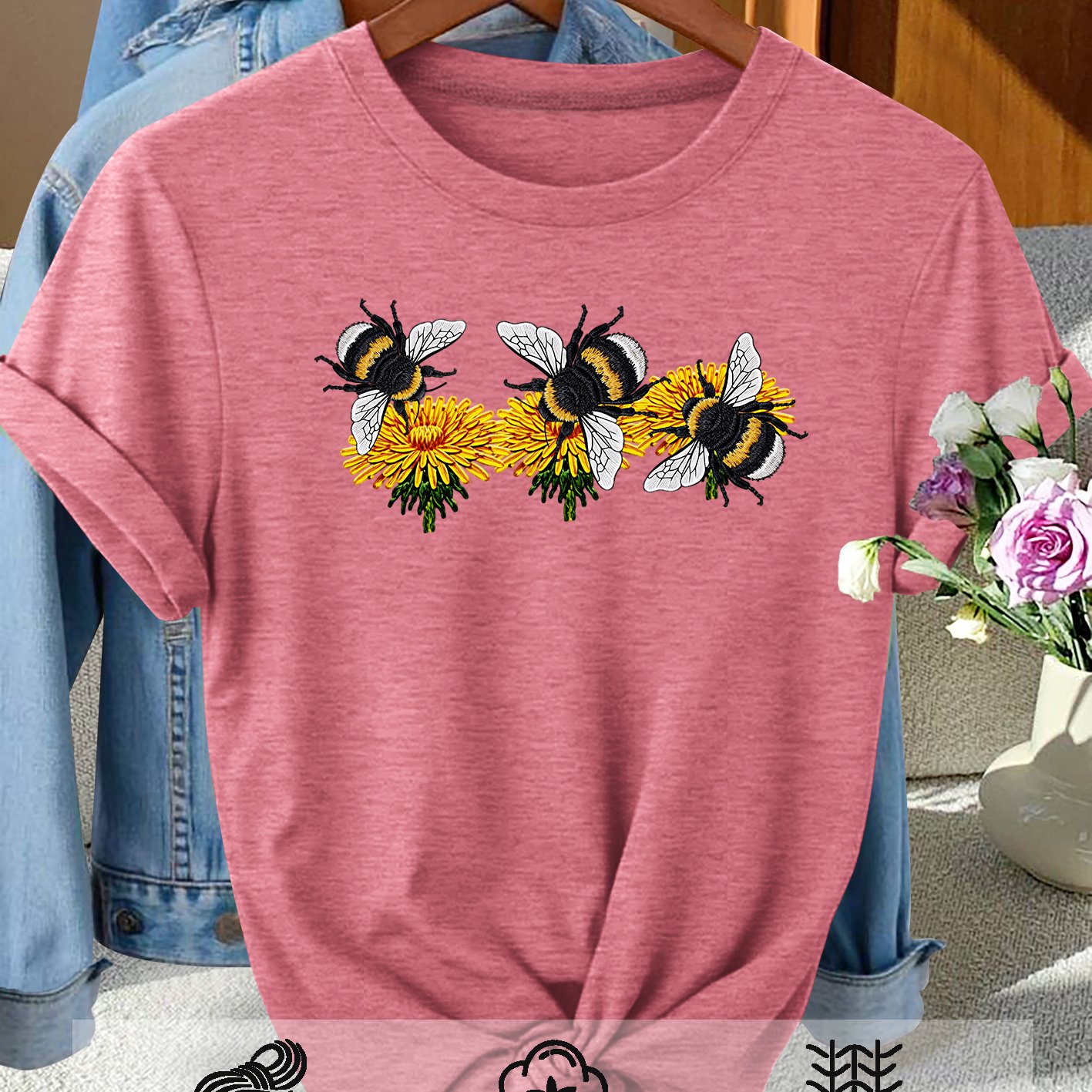 TEMU Plus Size Women' & Dandelion Print T-shirt - Round Neck Short Sleeve -compatible Top | Non-sheer Loose Fit Casual & Elegant Bee-themed Style