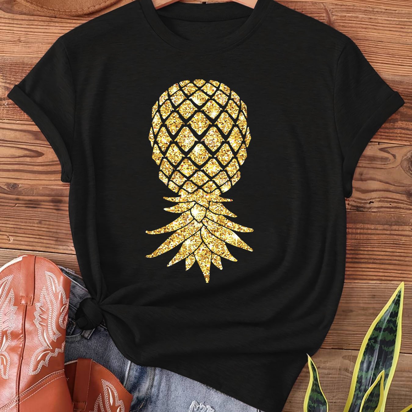 TEMU Upside- Pineapple Print T-shirt, Short-sleeved Crew Neck Casual Top For Summer And Spring, Women's Apparel