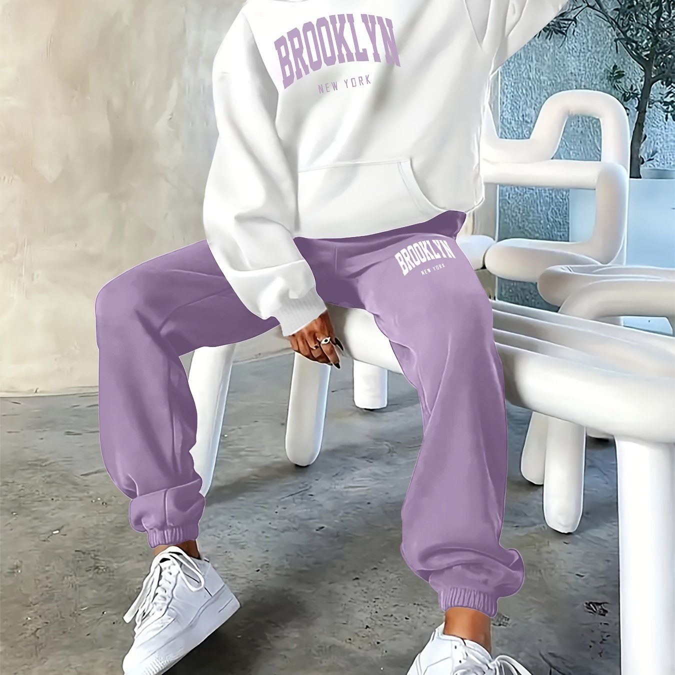 TEMU Nuovo arrivo /inverno 2025, testo BROOKLYN , felpa con cappuccio a maniche lunghe e vestibilit� con stampa di lettere casual e pantaloni lunghi