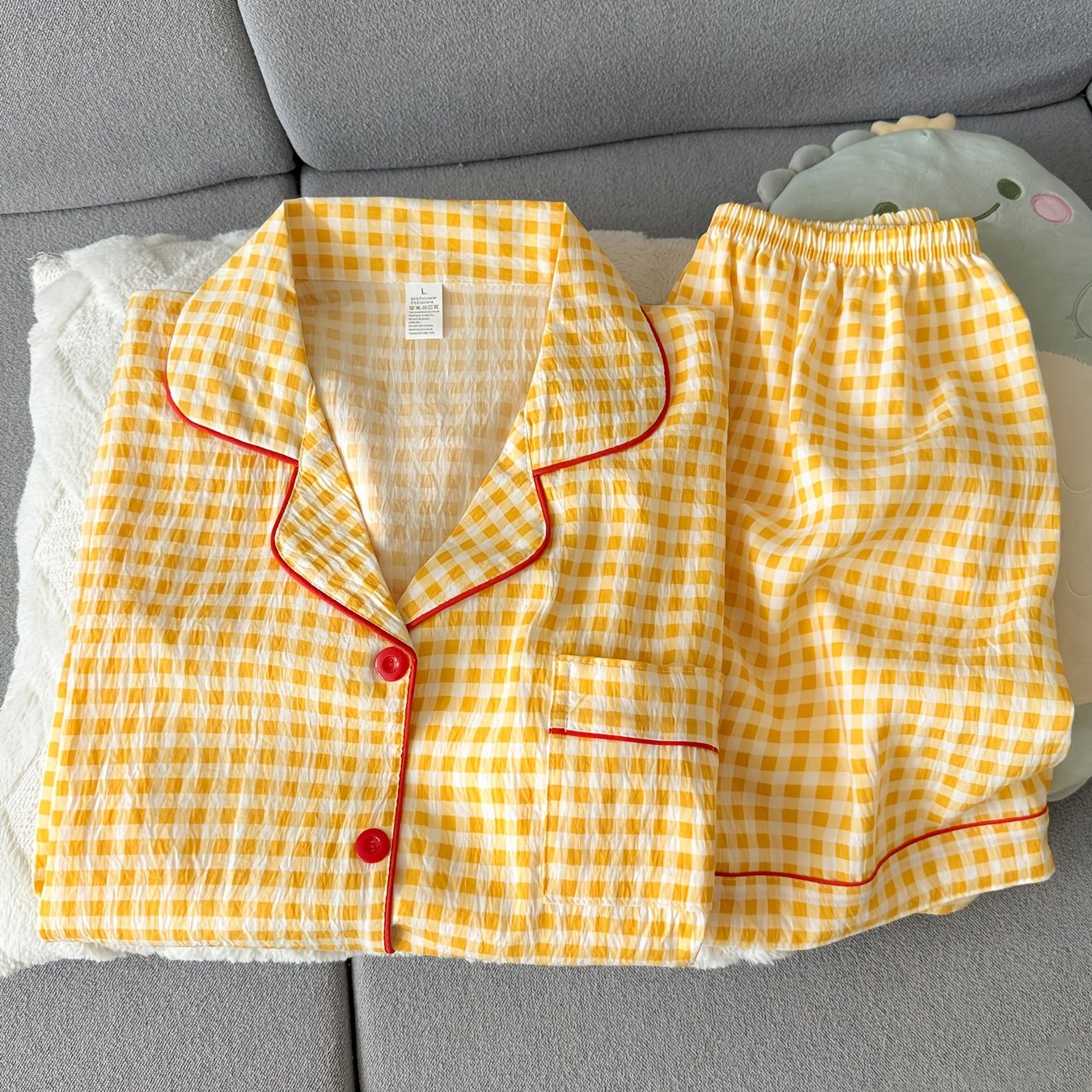 TEMU レディース イエロー格子柄 カジュアルパジャマセット 夏用 半袖・ショートパンツ ルームウェア アウトドアウェアにも最適