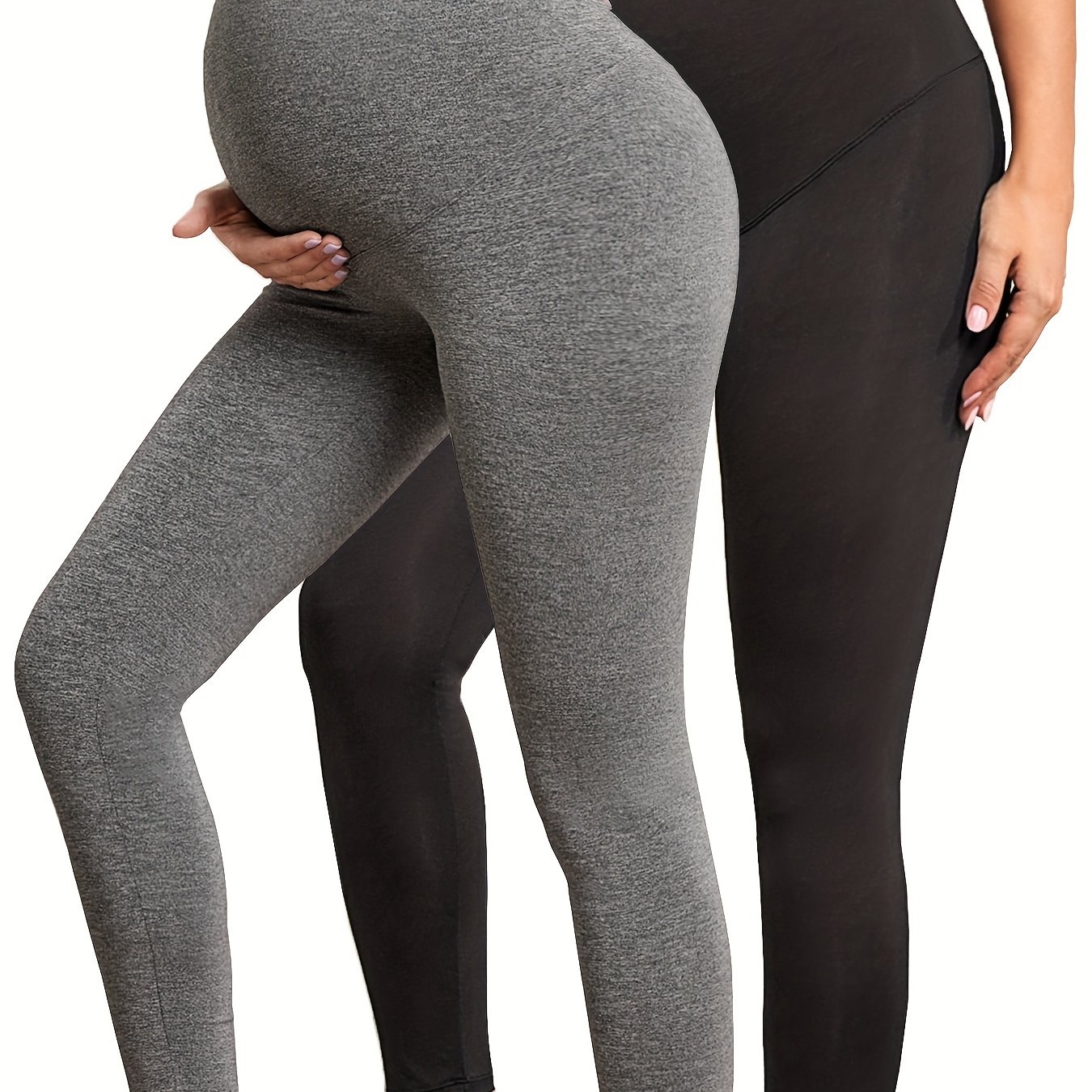2pcs Women's Maternity Solid Leggings Slim Fit Medium Stretchy Yoga Sports Pants For Pregnant Women