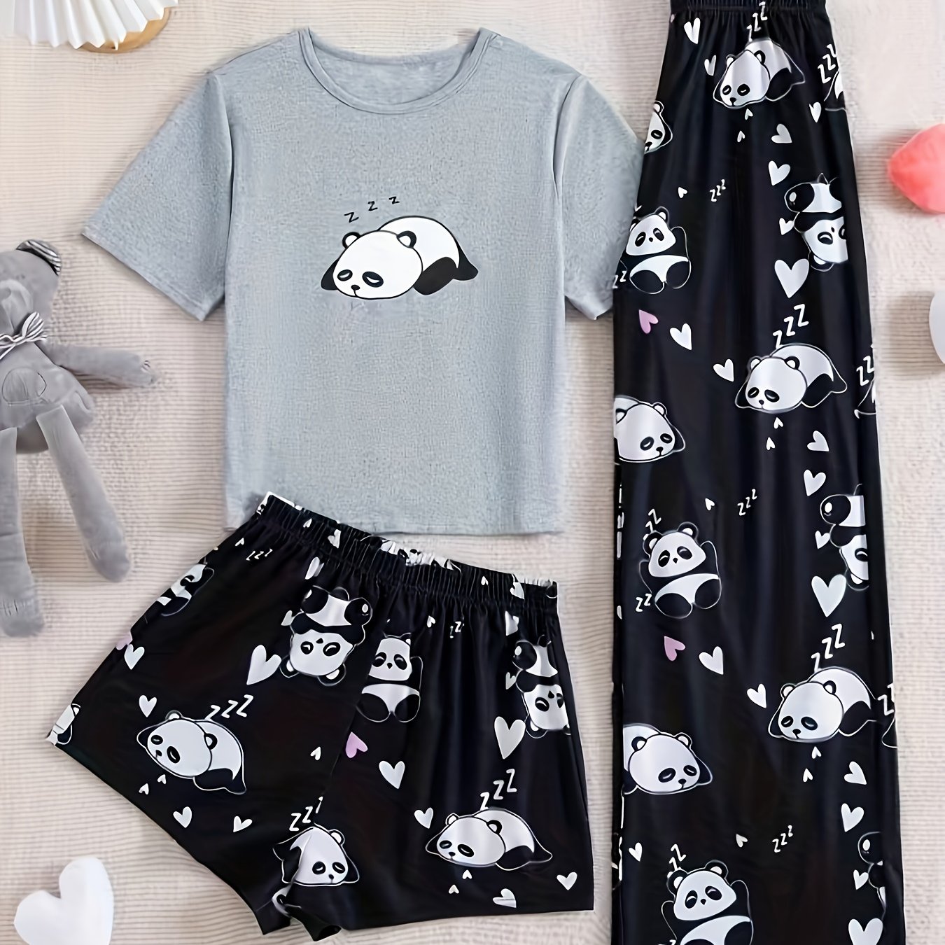 TEMU 女性用パジャマセット - かわいいパンダ＆ハートプリント半袖トップ＆パンツ、柔らかいグレー＆ブラック、、オール快適、自宅でスするのに最適、快適なラウンジウェア|遊び心のあるプリントトップ|柔らかい生地のパンツ、女性用パジャマ