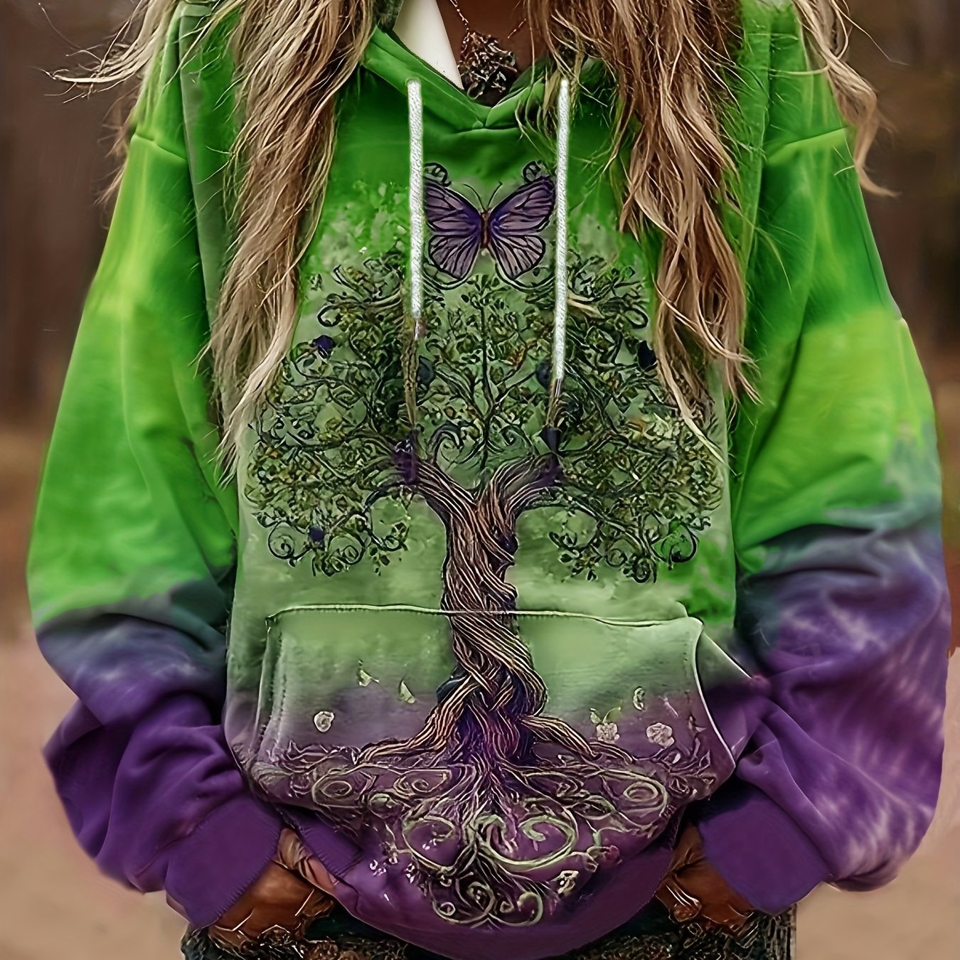 TEMU Women's Autumn Winter Style Retro Tree Hooded Sweatshirt, Hooded Top, Casual Women's Top