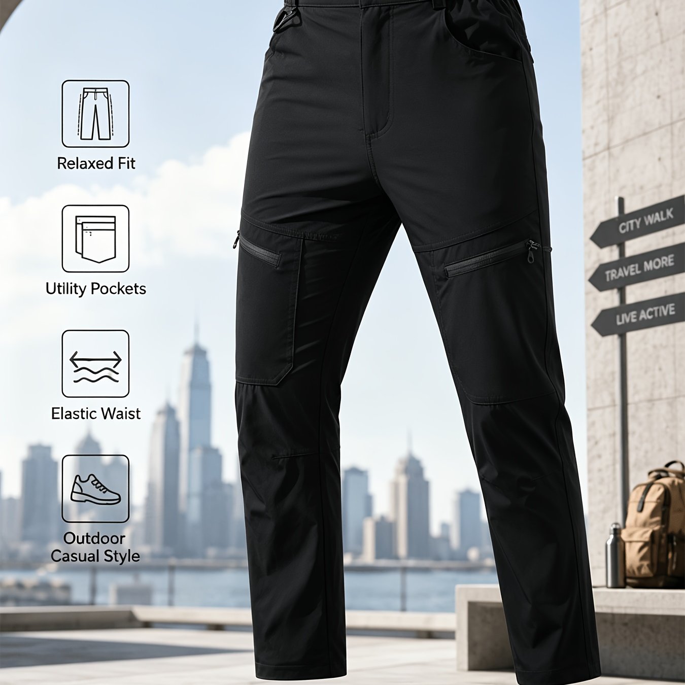 TEMU Men's Outdoor Quick-dry Casual Straight-leg Trousers, Semi-elastic Waist With Zipper Utility Pockets, Lightweight And Breathable, City , Hiking,